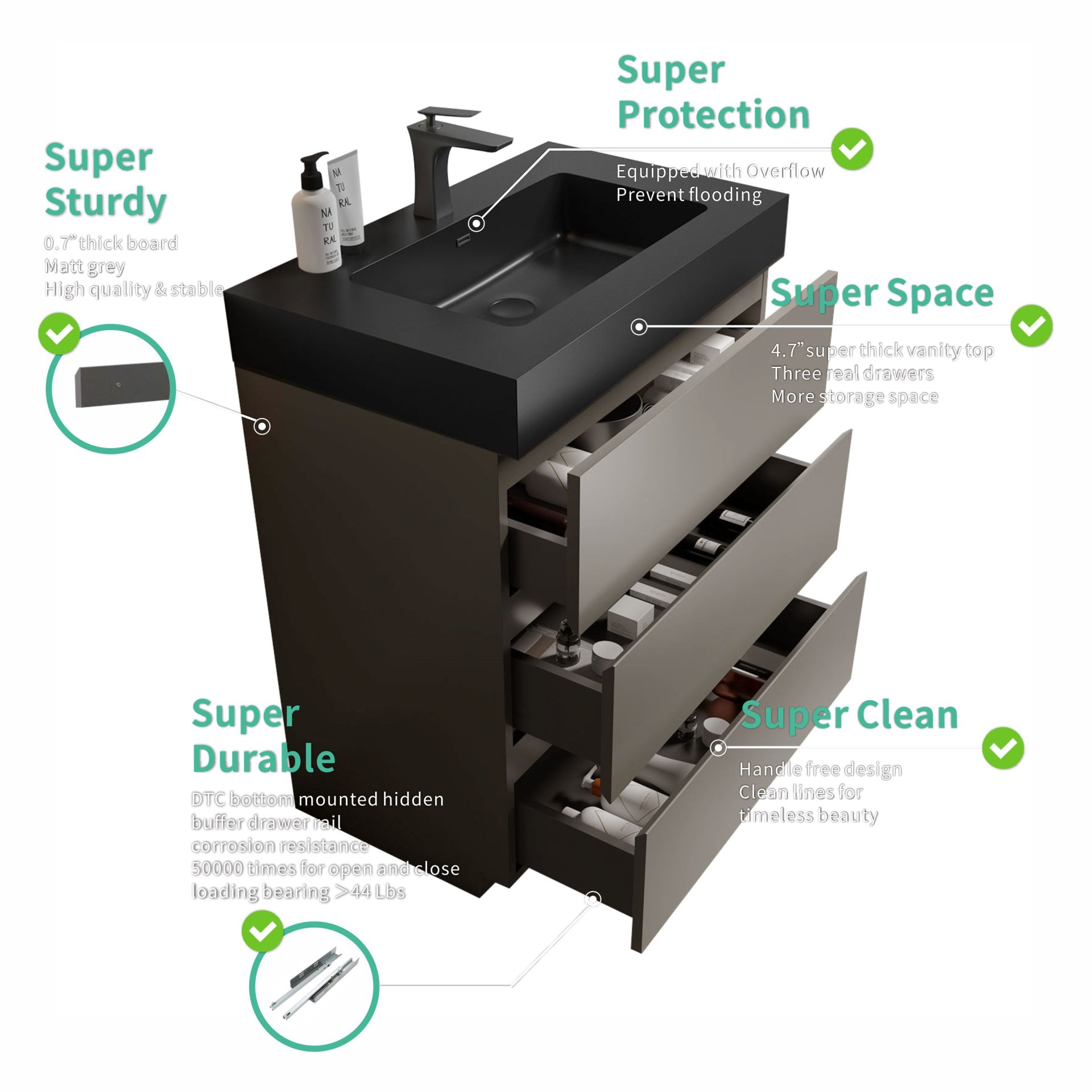 Alice - 30" Bathroom Vanity With Sink, Large Storage Freestanding Bathroom Vanity For Modern Bathroom, One-Piece Black Sink Basin Without Drain And Faucet - Black / Gray - Image 6