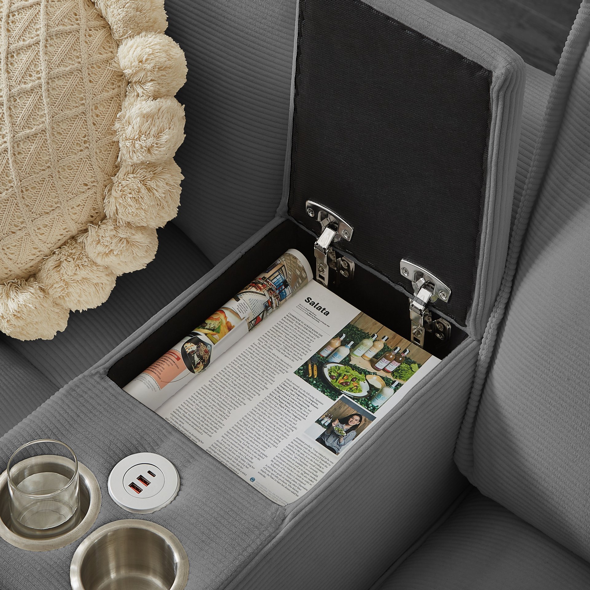 U Shaped Sectional Sofa Bed With Storage, 4 Seater, Features Cup Holders And Soft Foam Cushions - Gray - Image 9