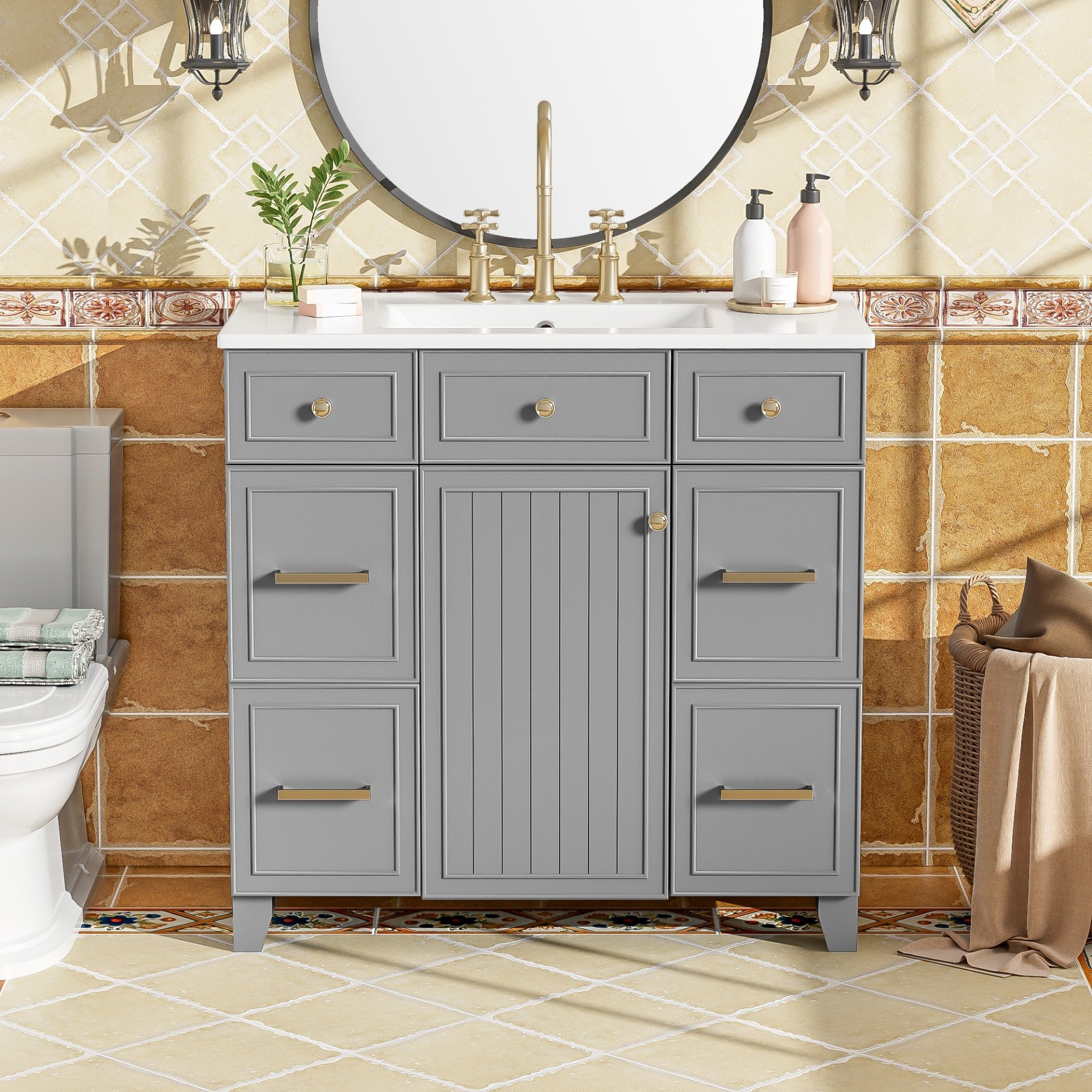 Bathroom Vanity With Sink, Soft Close Doors, Adjustable Shelves, 36" - Gray - Image 2