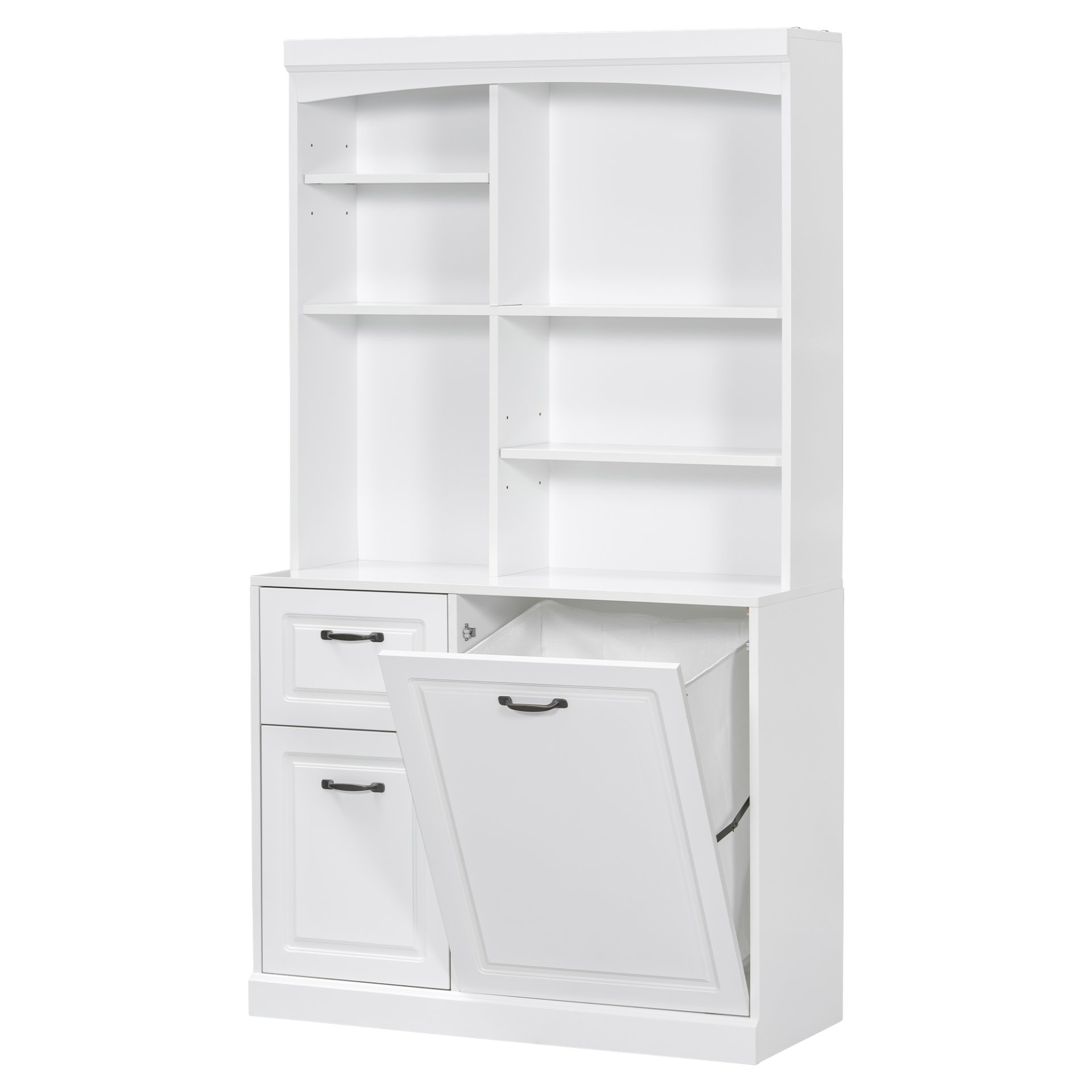 Bathroom Storage Cabinet With Tilt Out Hamper, Tall Free Standing Organizer With Drawers & Adjustable Shelves, Linen Tower With Steel Handles - White - Image 15