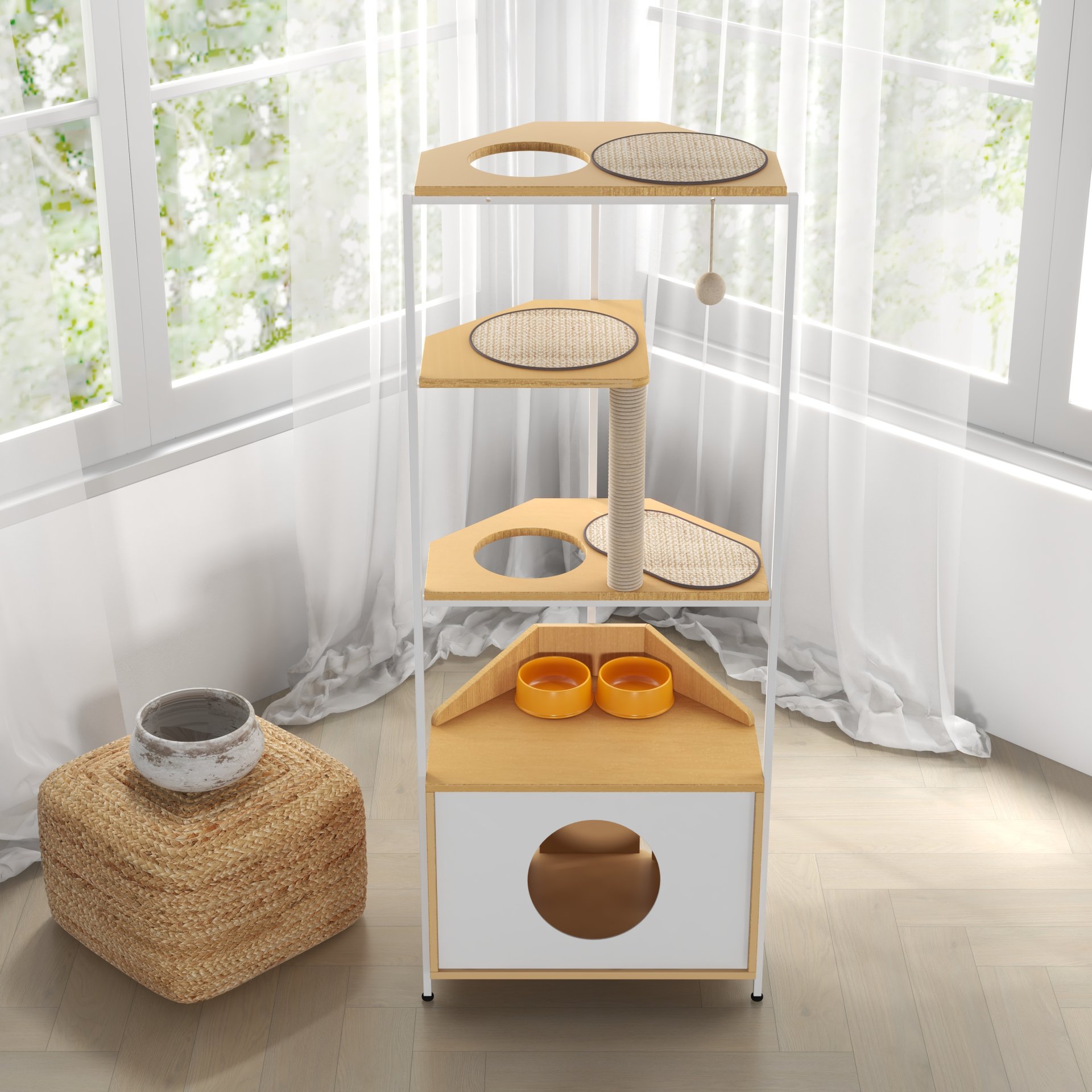 Corner Cat Tower, Cat Tree With Scratching Post, Cat Condo With Feeding Station And Climbing Platforms, Pet Furniture For Indoor Cats - White / Light Oak - Image 9