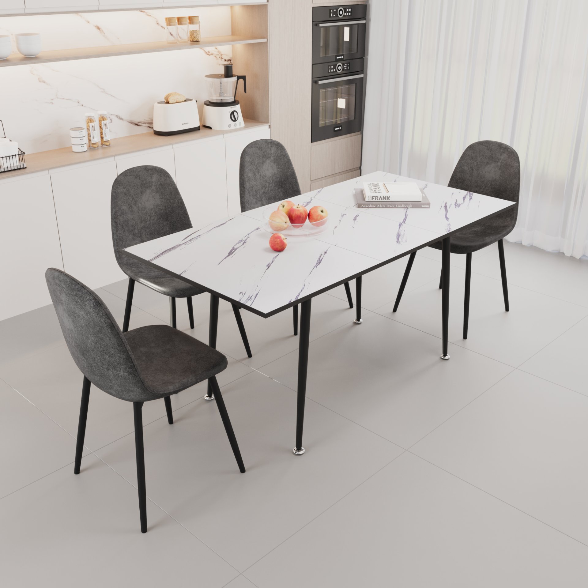 Modern Extendable Dining Table And Chair Set With Metal Base And Suede Chairs, 4 Piece - Gray / White - Image 6