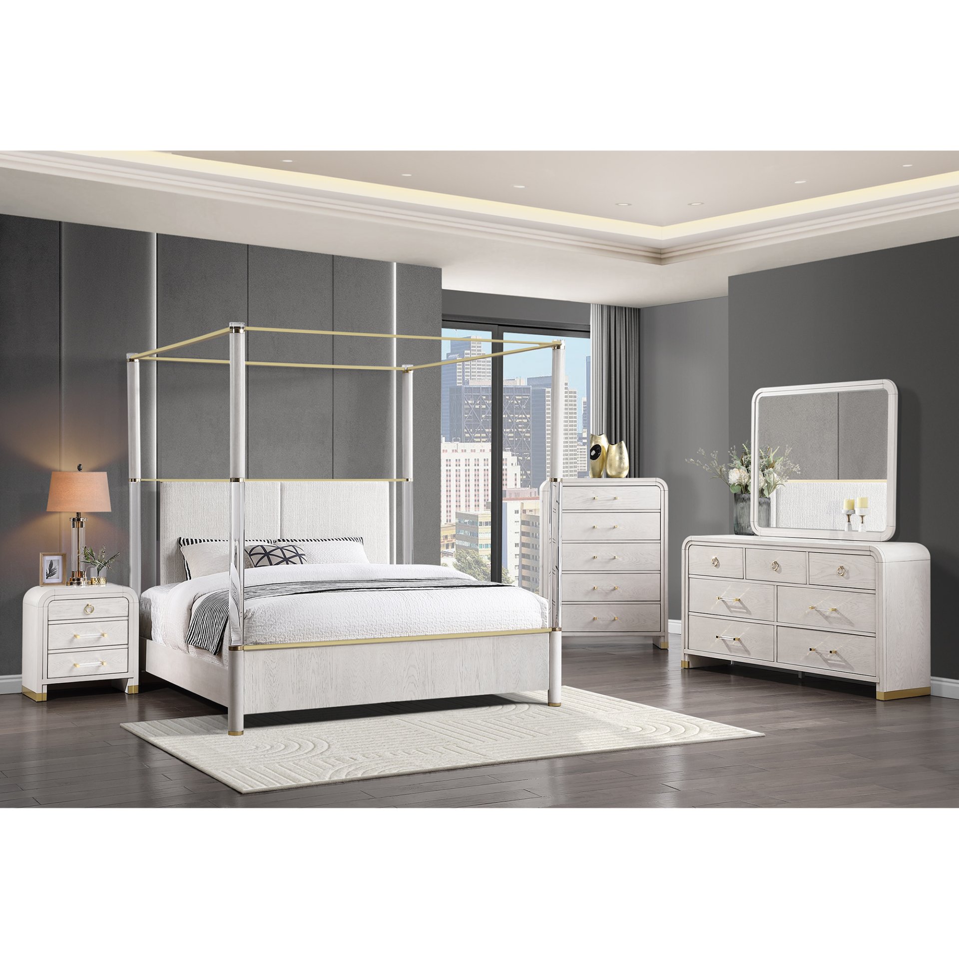 Malco - King 5 Piece Bedroom Set With Gold Accents, Upholstered Headboard - Oak - Image 2