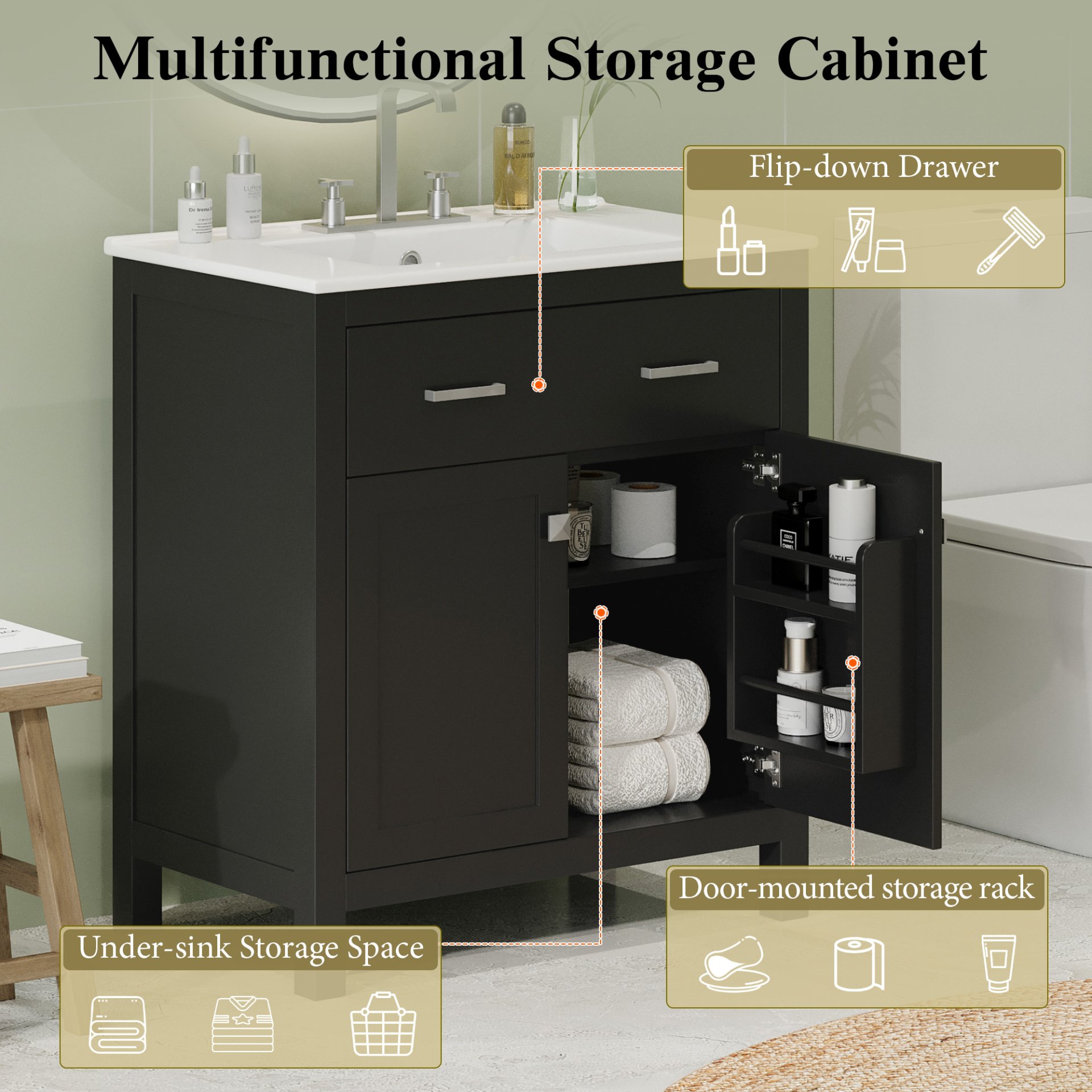 30" Bathroom Vanity With Sink And Soft Close Doors - Black - Image 6