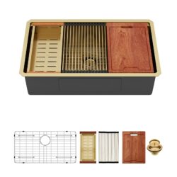 Undermount Kitchen Sink 30" X 19" X 10", 16 Gauge Deep Single Bowl With Workstation Ledges - Gold