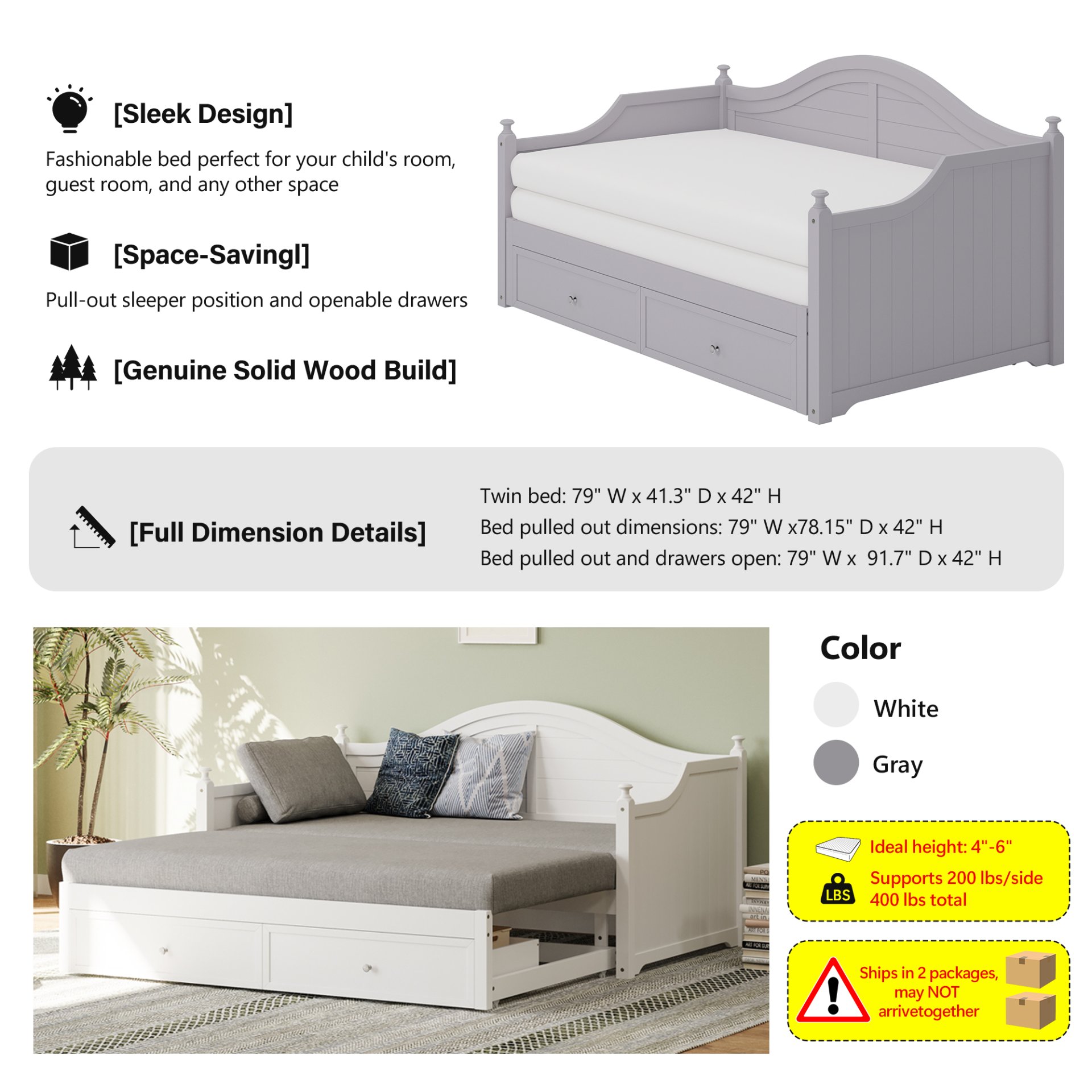 Twin Size Daybed With Extendable Trundle And Storage Drawers - Light Gray - Image 3