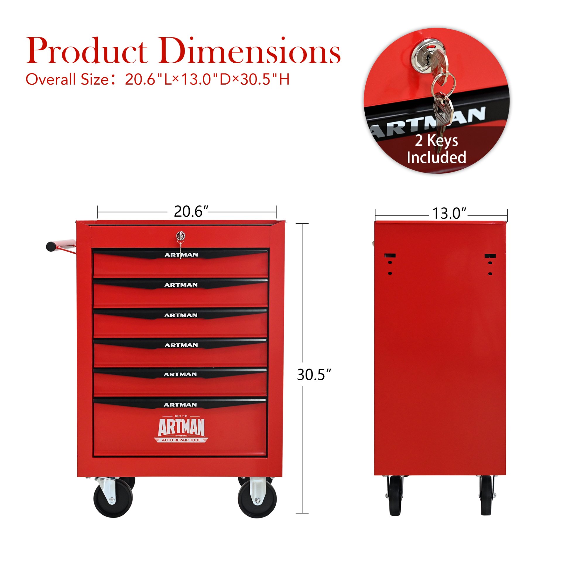 Rolling Metal Tool Chest With 6 Drawers, 20" Steel Storage Cabinet With Ball Bearing Slides - Red / Black - Image 3