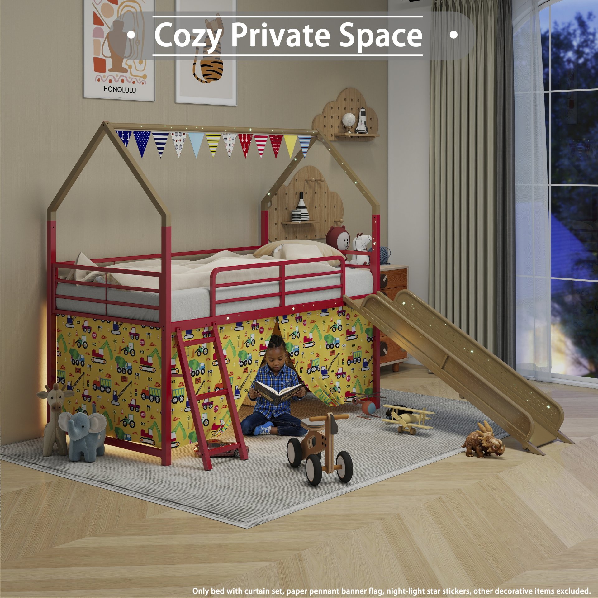 Jack - House Twin Loft Bed With Slide And Curtain Set, Superhero - Gold - Image 13