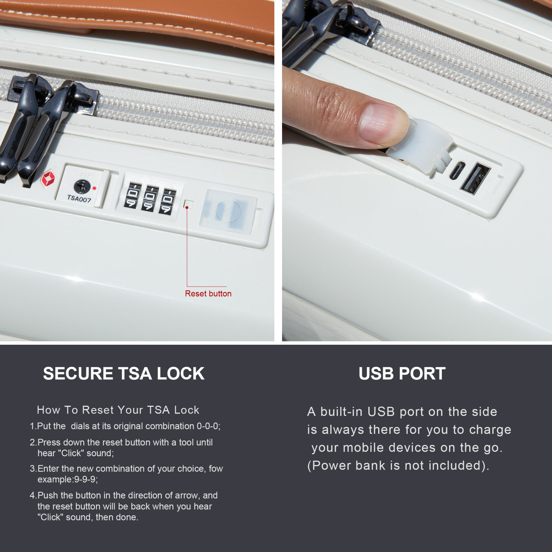 24" Luggage Lightweight Suitcase Tsa Lock USB Port Luggage Wheel Lock Artificial Leather Top Handle Spinner Wheels - Creamy White - Image 7