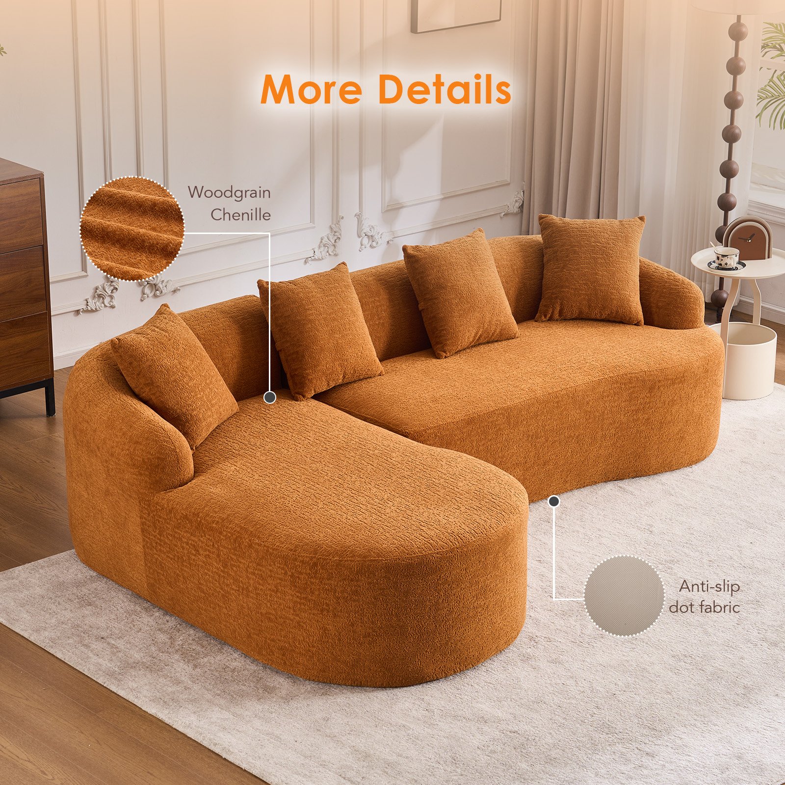 Compression Sofa: Combining Chaise Longue With 3 Seater, Wood Grain Chenille Fabric, Full Sponge Compression Sofa, Combined Sofa With 4 Pillows For Living / Home Furniture / Apartment - Orange - Image 30