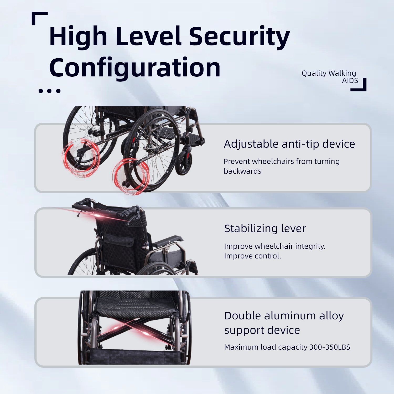 Premium Nursing Folding Wheelchair Frame Double Brakes Adjustable Seat Belt & Breathable Cushion Safe Comfortable Ride With Anti Backflip & Stability Features - Black / Gray - Image 8
