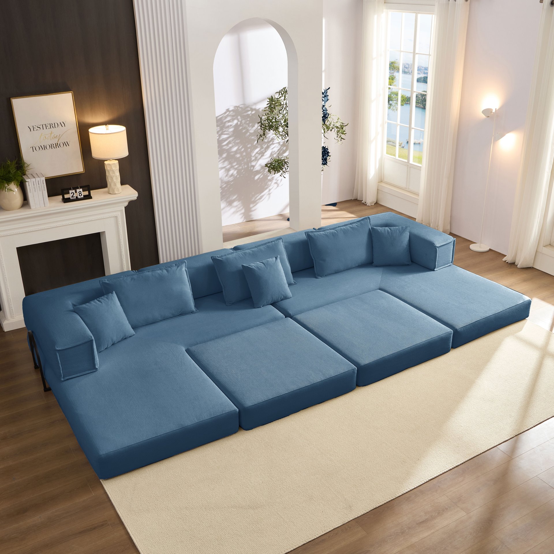 Oversized Upholstered Sectional Sofa Couch Set, Modular L Shaped Floor Sofa Set With 6 Pillows For Living Rooms - Blue - Image 10