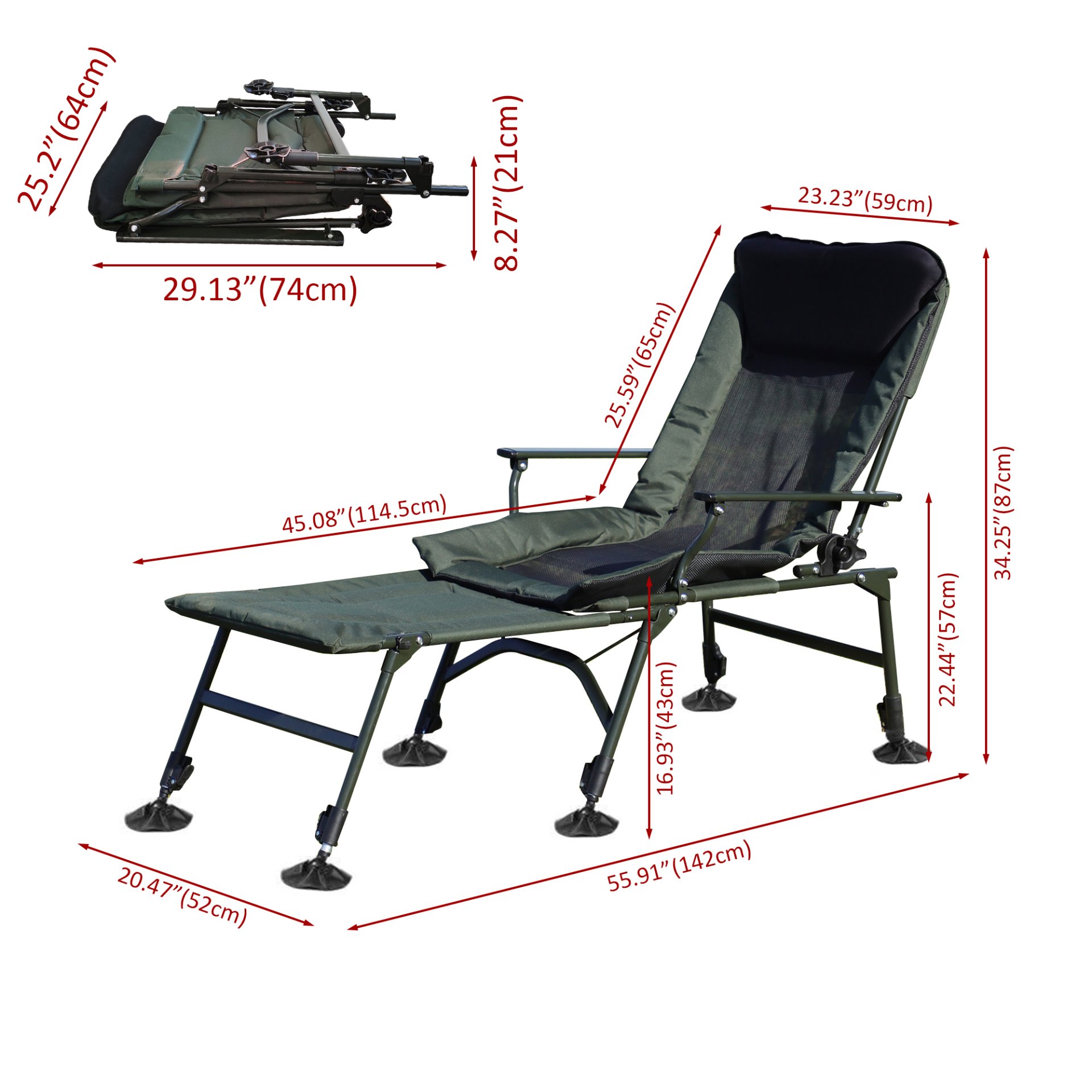 Camping Lounge Chair With Detachable Footrest, Portable Folding Reclining Camping Chair With Adjustable Backrest For Indoor And Outdoor Camping Beach Hiking Fishing - Green / Black - Image 3