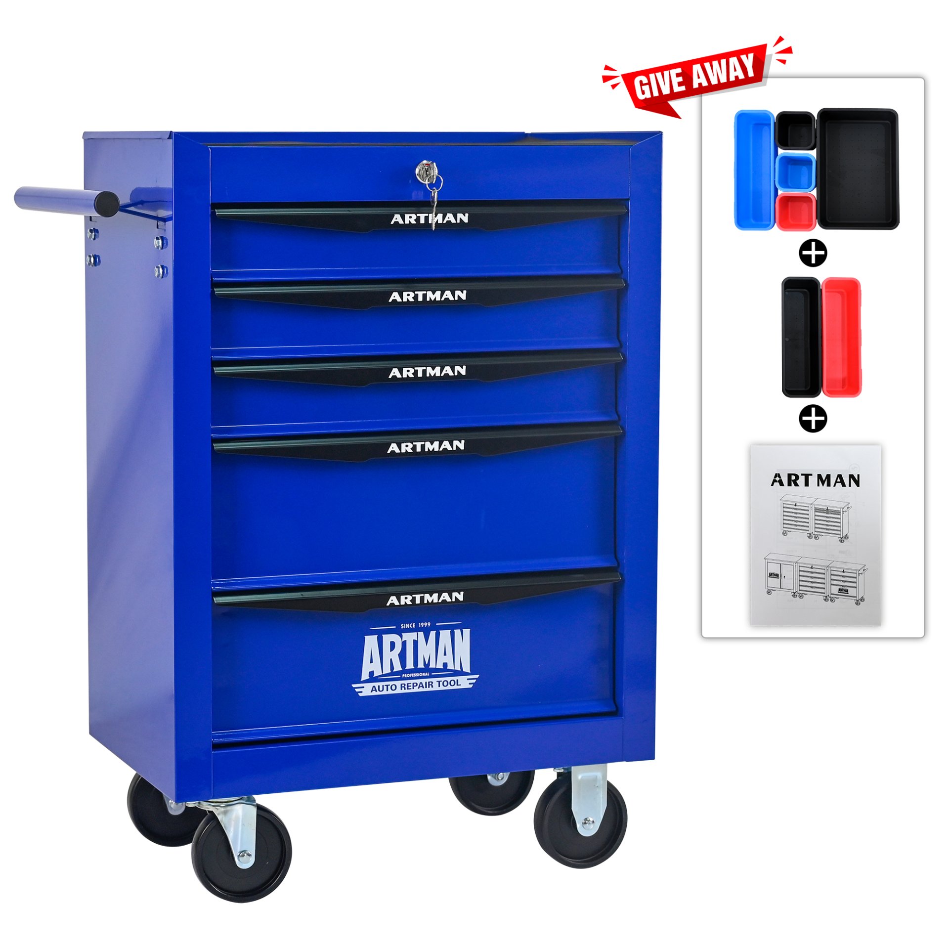 Rolling Metal Tool Chest With 5 Drawers, 20" Steel Storage Cabinet With Ball Bearing Slides - Black / Blue - Image 5