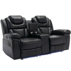 Home Theater Seating Manual Recliner Loveseat With Hide-Away Storage, Cup Holders And Led Light Strip For Living Room - Black