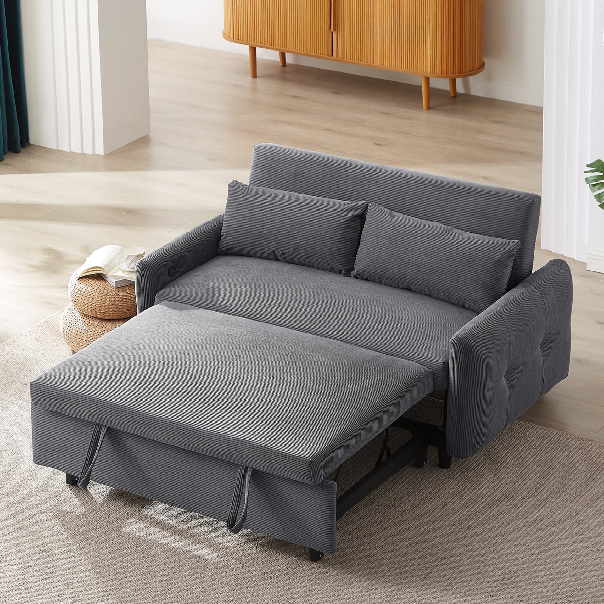 Pull Out Sofa Bed Convertible Couch 2 Seat Loveseat Sofa Modern Sleeper Sofa With 2 Throw Pillows And USB Ports For Living Room - Dark Gray - Image 2