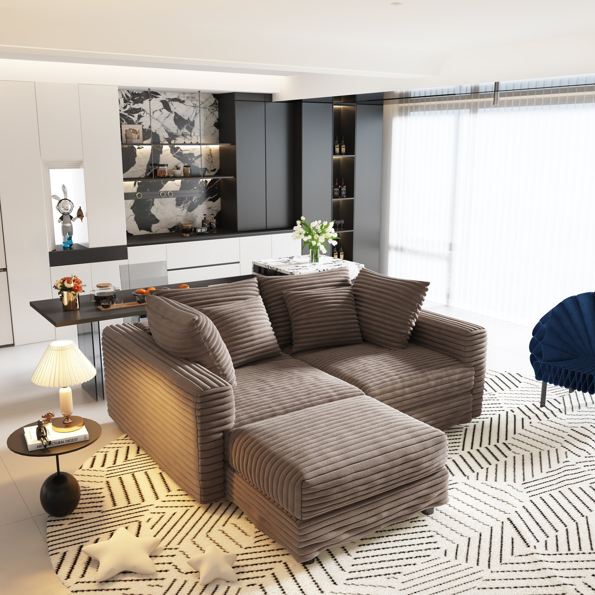 4 Seat Sofa, Deep Seat Couches With Soft Pillows And Movable Ottoman, Convertible Sofa Lounge Chair, For Living Room - Camel - Image 4