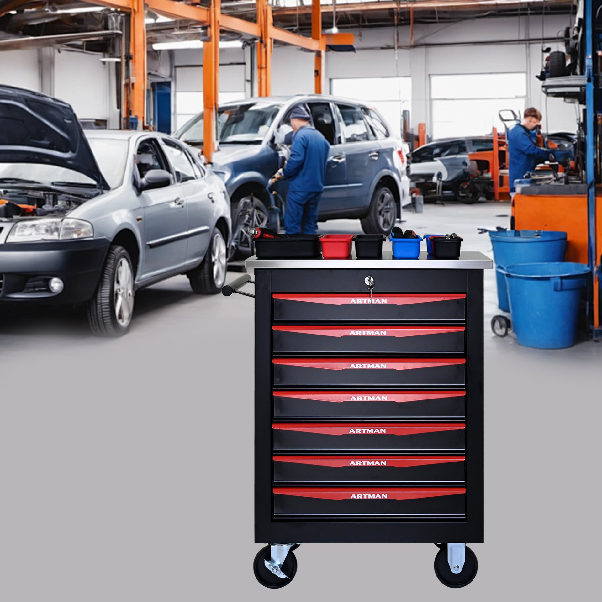 7 Drawer Multifunctional Tool Cart With Wheels, Metal Rolling Tool Cart Storage For Garage Workshop Warehouse Repair Shop With Stainless Steel Roof - Black / Red - Image 14