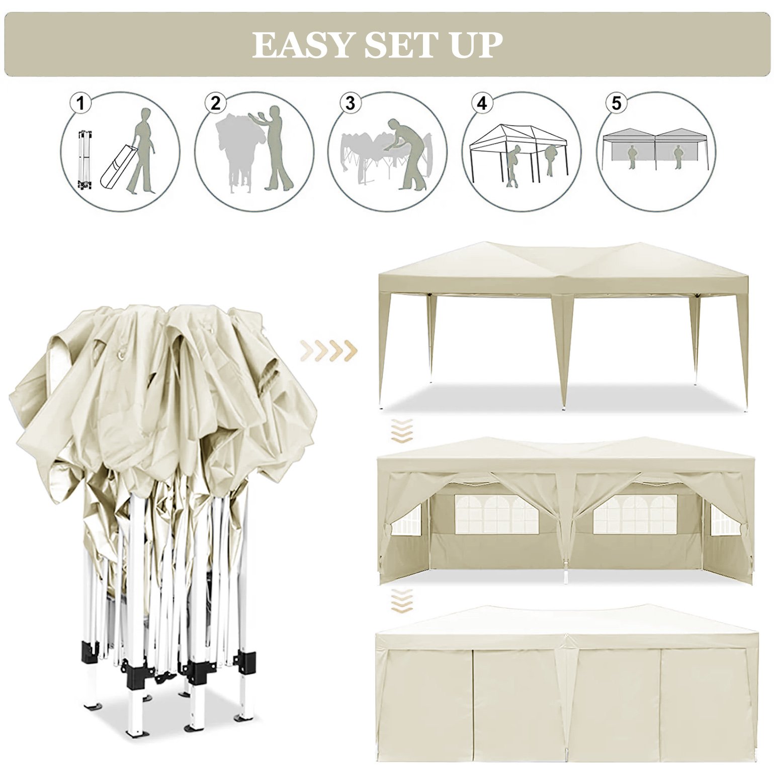 10'X20' Ez Pop Up Canopy Outdoor Portable Party Folding Tent With 6 Removable Sidewalls + Carry Bag + 4 Pieces Weight Bag - Beige - Image 4