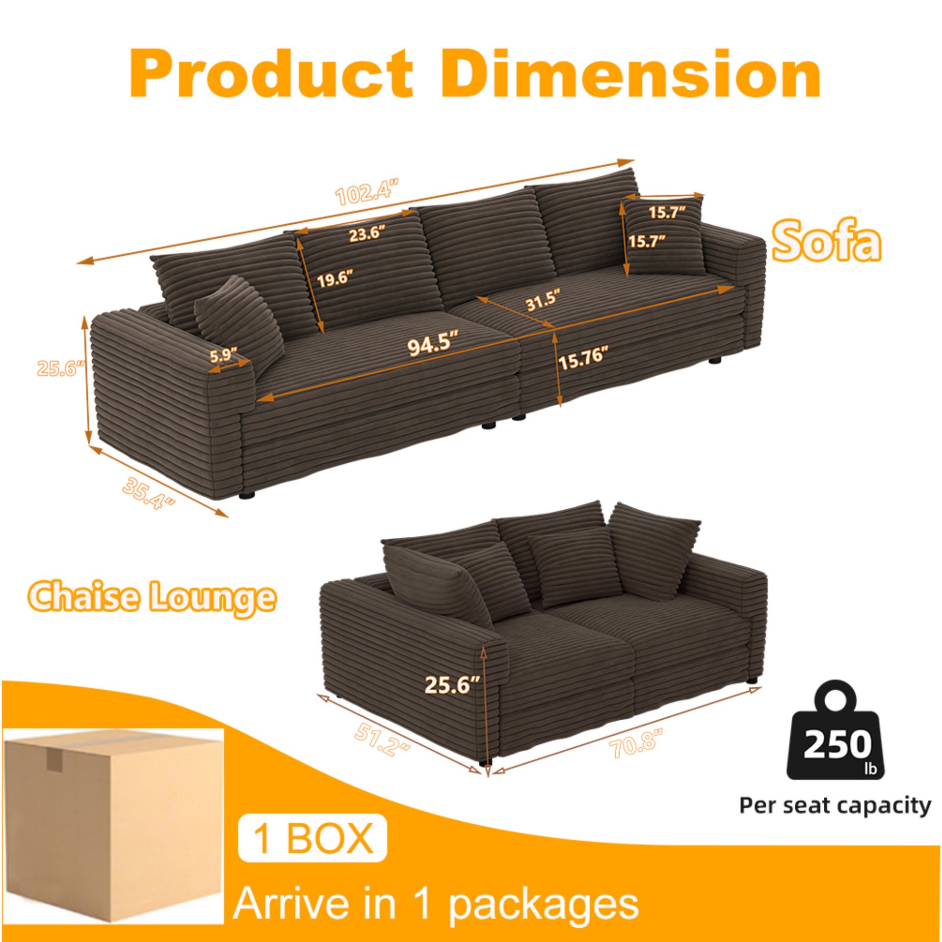 4 Seat Sofa, Deep Seat Couches With Soft Pillows And 3 Ottomans, Convertible Sofa Lounge Chair, For Living Room - Camel - Image 2
