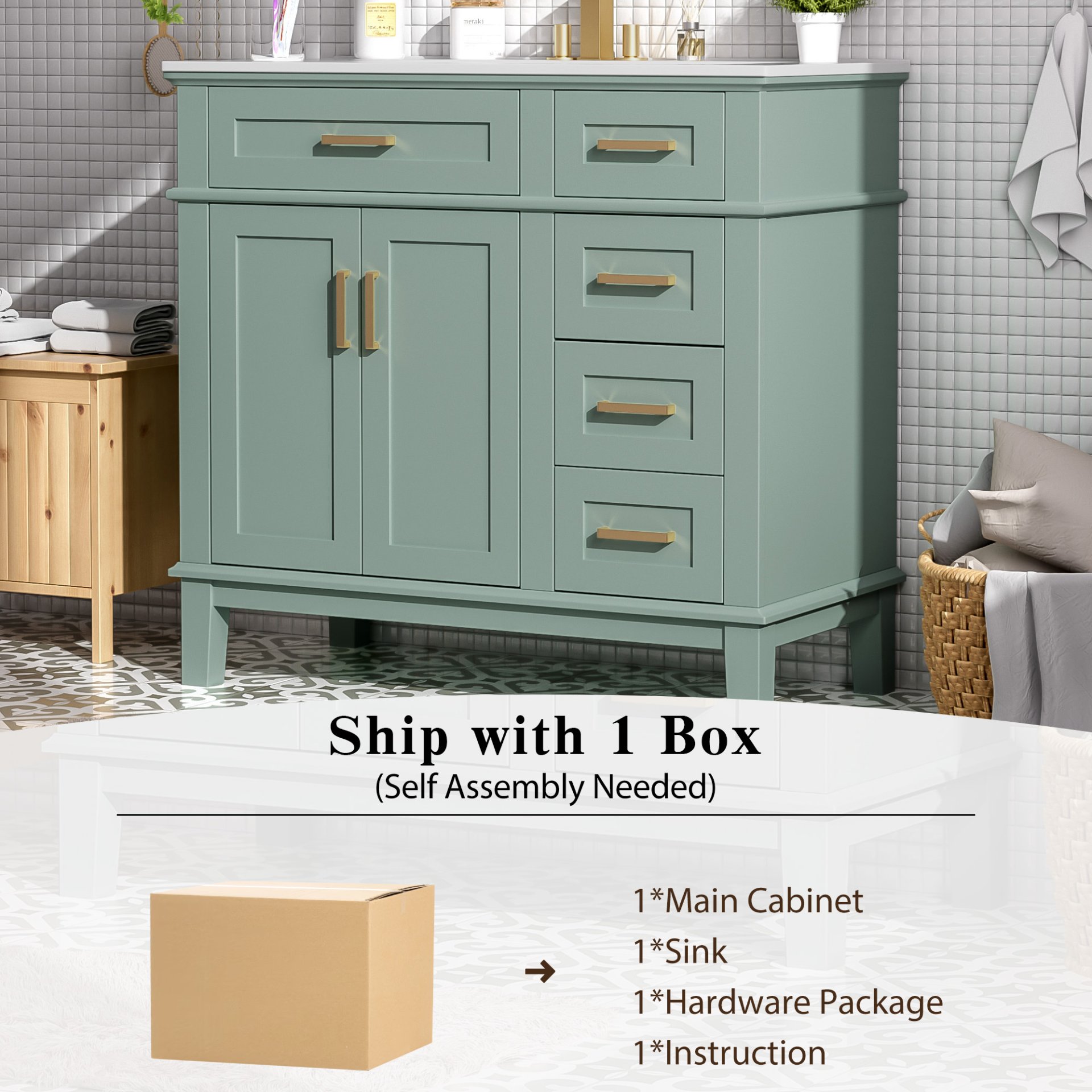 36" Bathroom Vanity With Sink, Soft Close Doors, And Storage Drawers - Green - Image 10