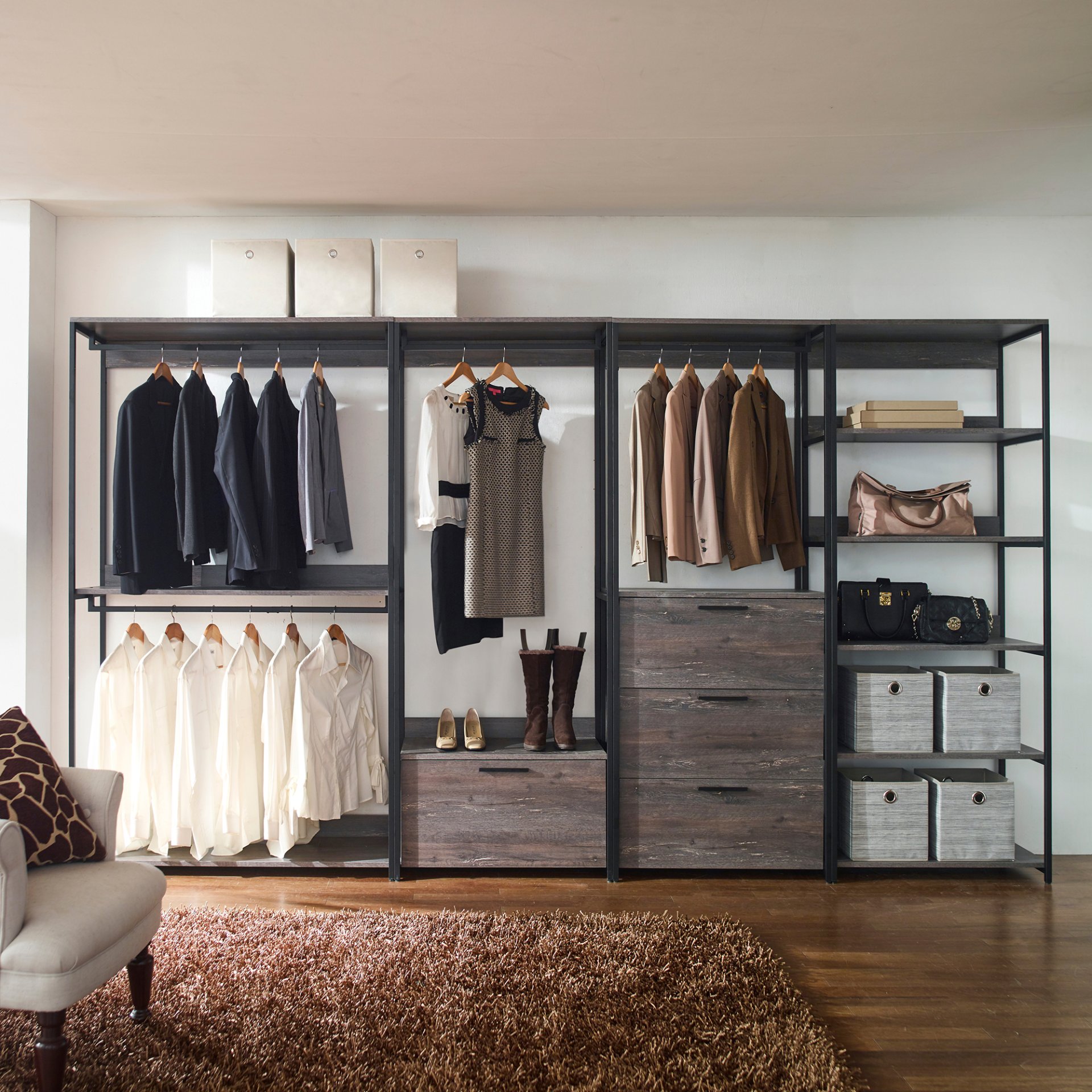 Monica - Wood Walk In Closet System, Powder Coated Metal Frame And Melamine - Rustic - Image 2
