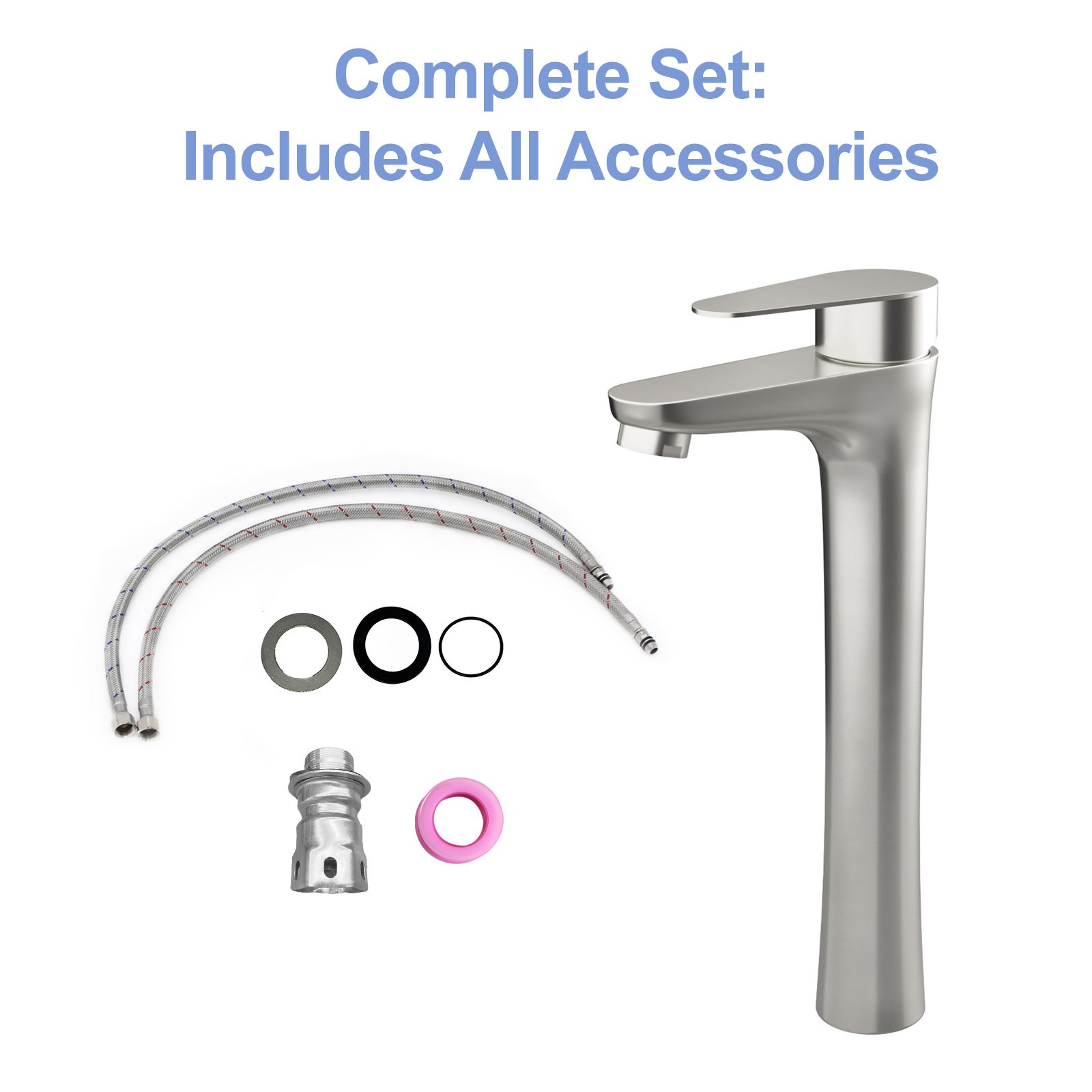 Single Handle Vessel Sink Faucet With Tall Spout For Bathroom Vanity - Brushed Nickel - Image 7