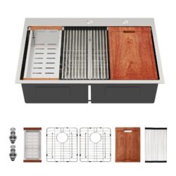 Topmount Drop In Double Bowl Kitchen Sink. 16 Gauge Stainless Steel - Brushed Nickel