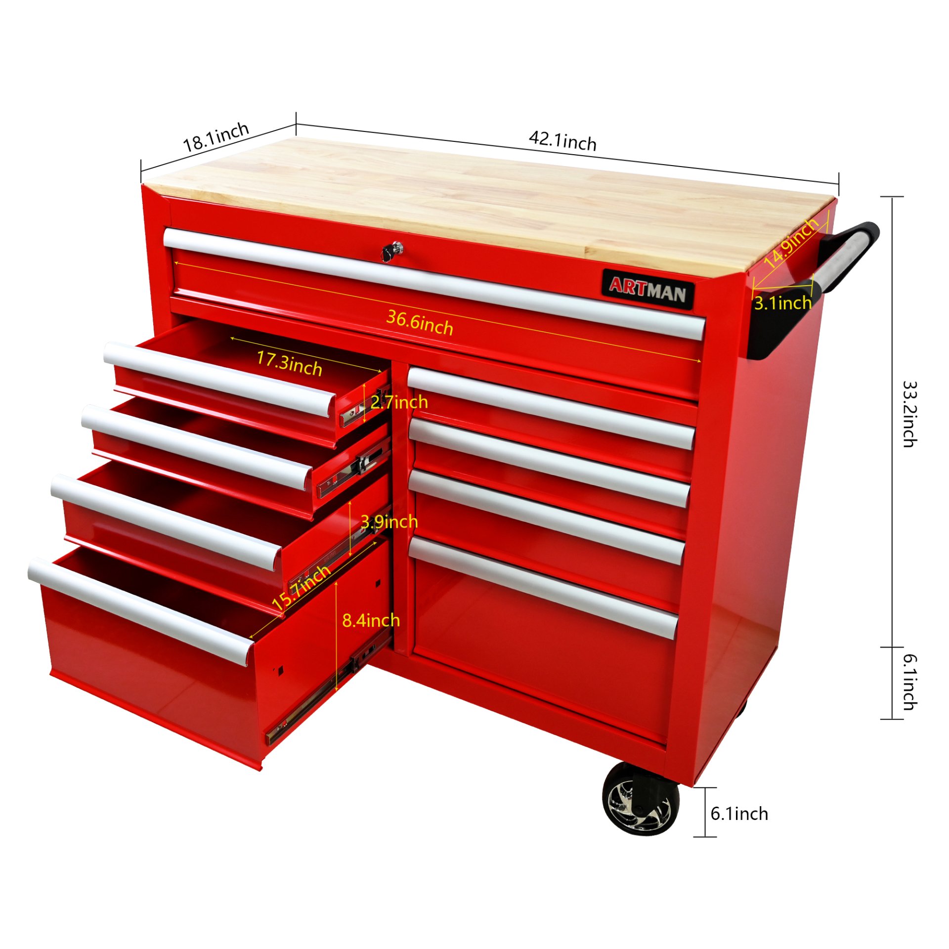 9 Drawer Multifunctional Steel Tool Cart With Wheels And Wooden Top - Red - Image 3