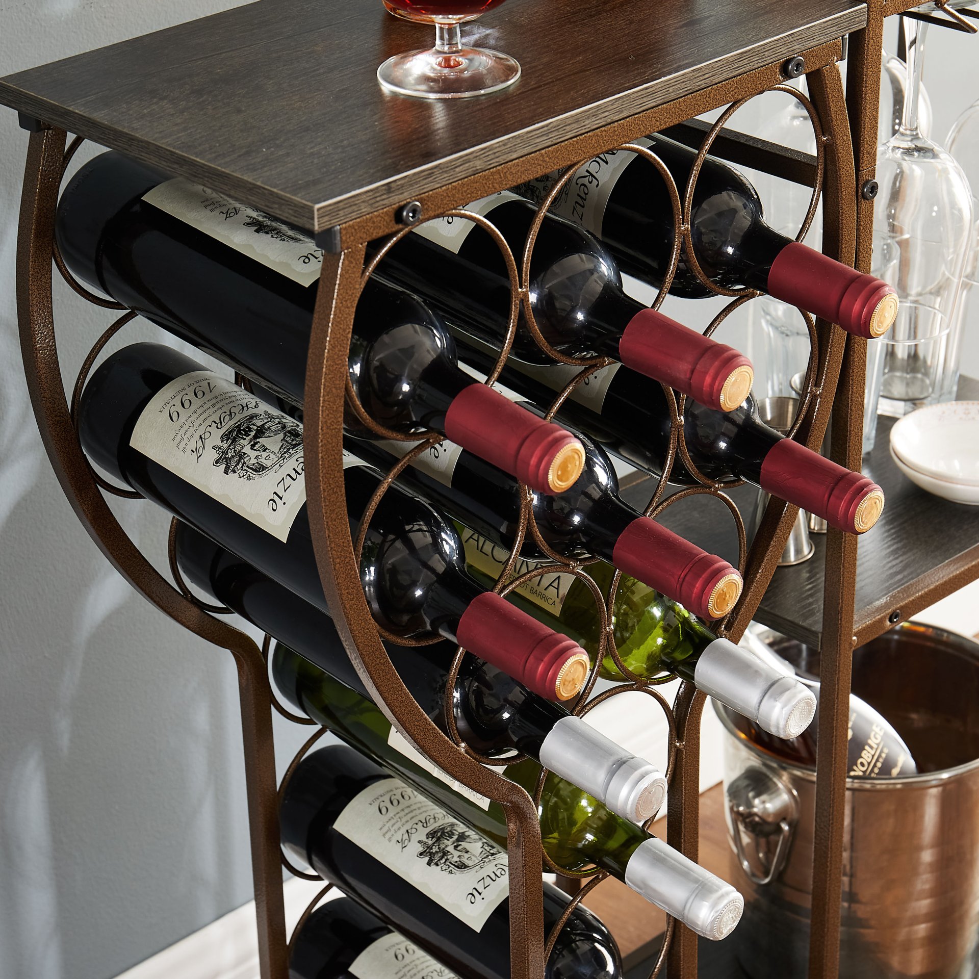 11 Bottle Wine Bakers Rack, 5 Tier Freestanding Wine Rack With Hanging Wine Glass Holder And Storage Shelves, Wine Storage Home Bar For Liquor And Wine Storagefor Kitchen, Dining Room - Gray - Image 5