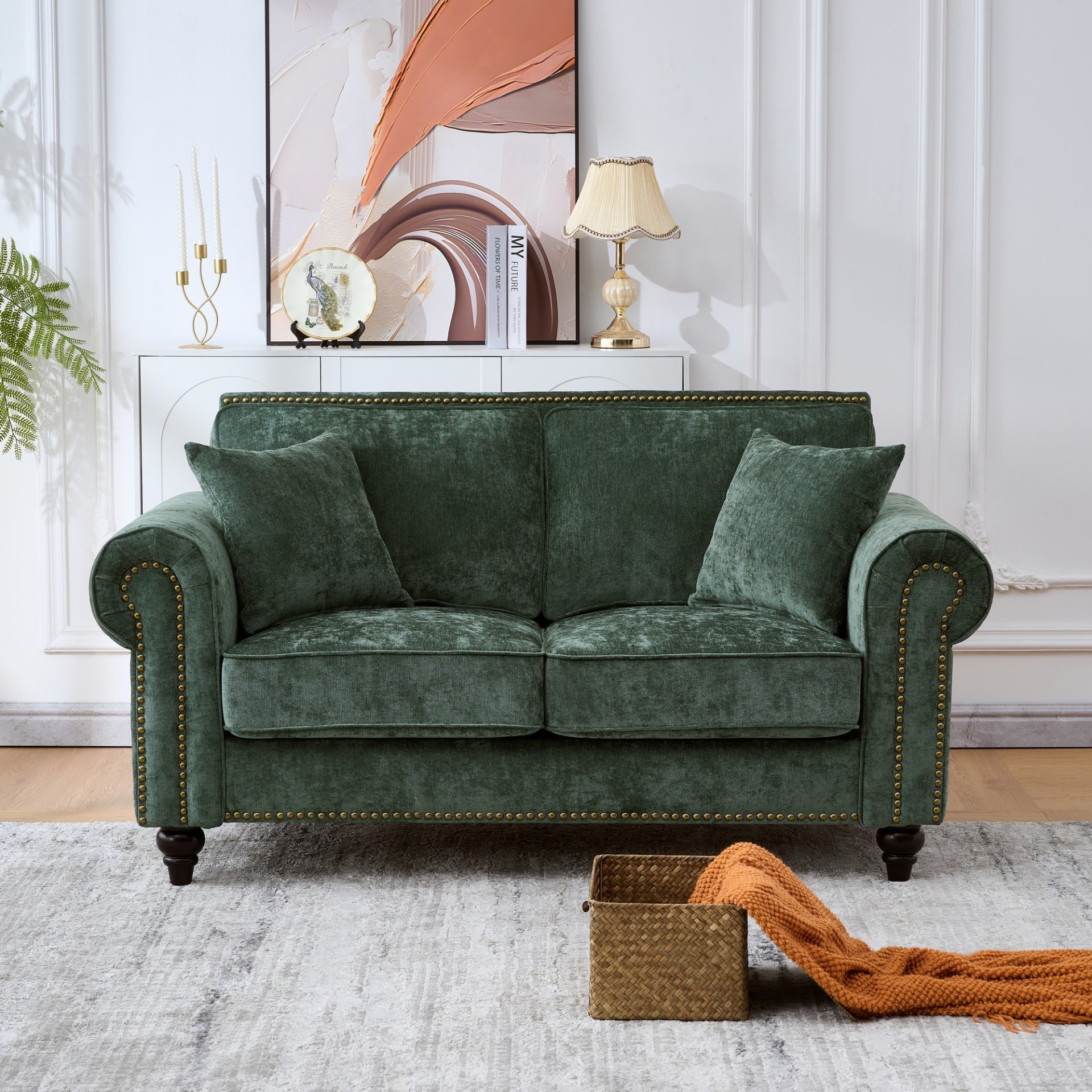2 Seater Sofa With Rolled Arms, Tufted, Legs, Nailhead Trim - Green - Image 2