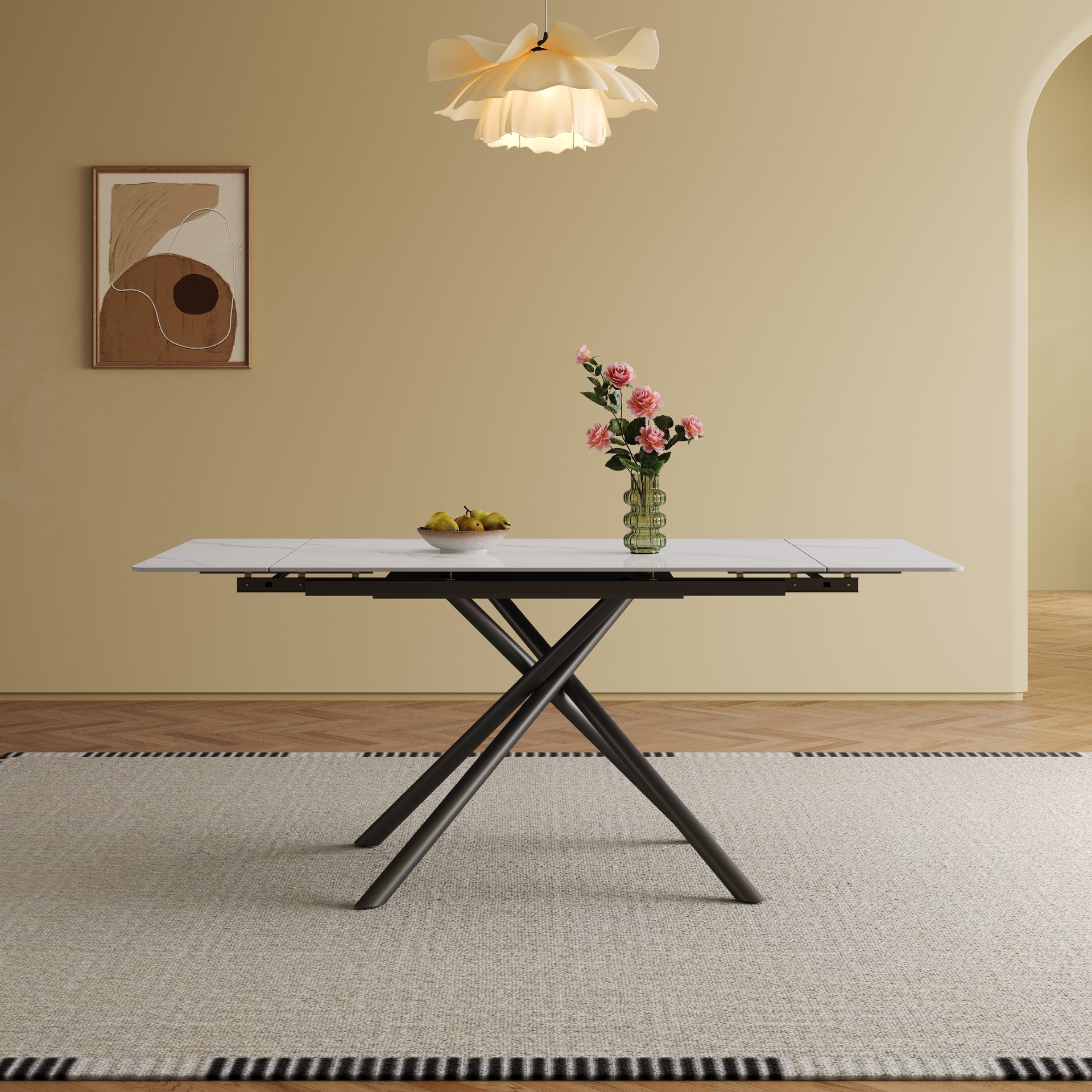 Retractable Dining Table Set With Carbon Steel Legs, Rectangular, Table And 4 Chairs - White - Image 2