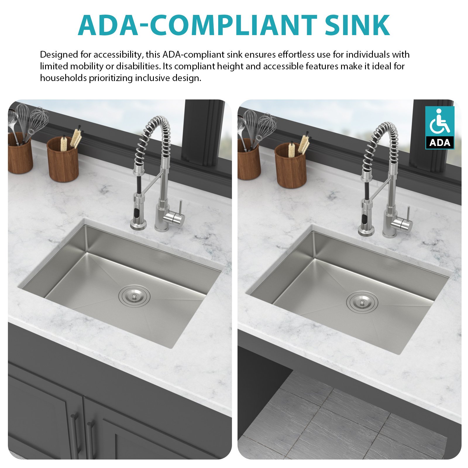 Ada-Compliant 23" Undermount Sink, Low Depth Single Bowl - Brushed Nickel - Image 6