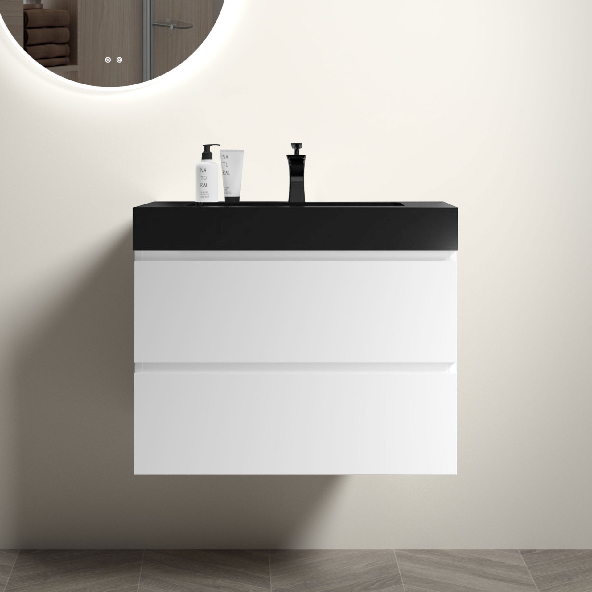 Alice - 30" Bathroom Vanity With Sink, Large Storage Wall Mounted Floating Bathroom Vanity For Modern Bathroom, One-Piece Black Sink Basin Without Drain And Faucet - White / Black - Image 2