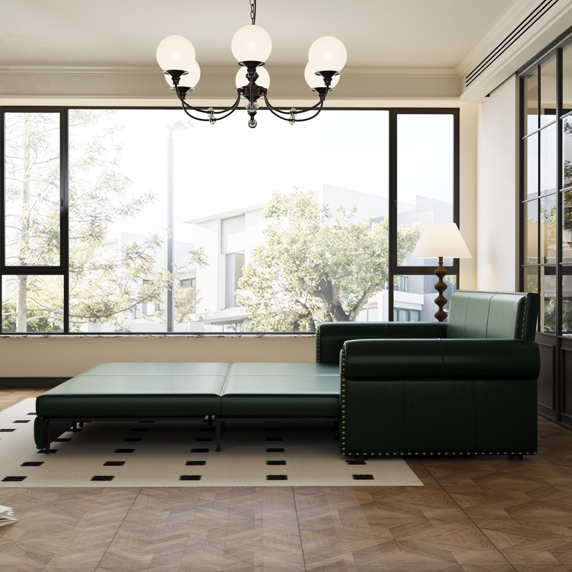 Pull Out Sofa Bed, 3 In 1 Convertible Sleeper Sofa With Nailhead Trim & Rolled Arm, Multi Functional Sofa Bed For Living Room, Bedroom, Apartment, Office - Green - Image 9