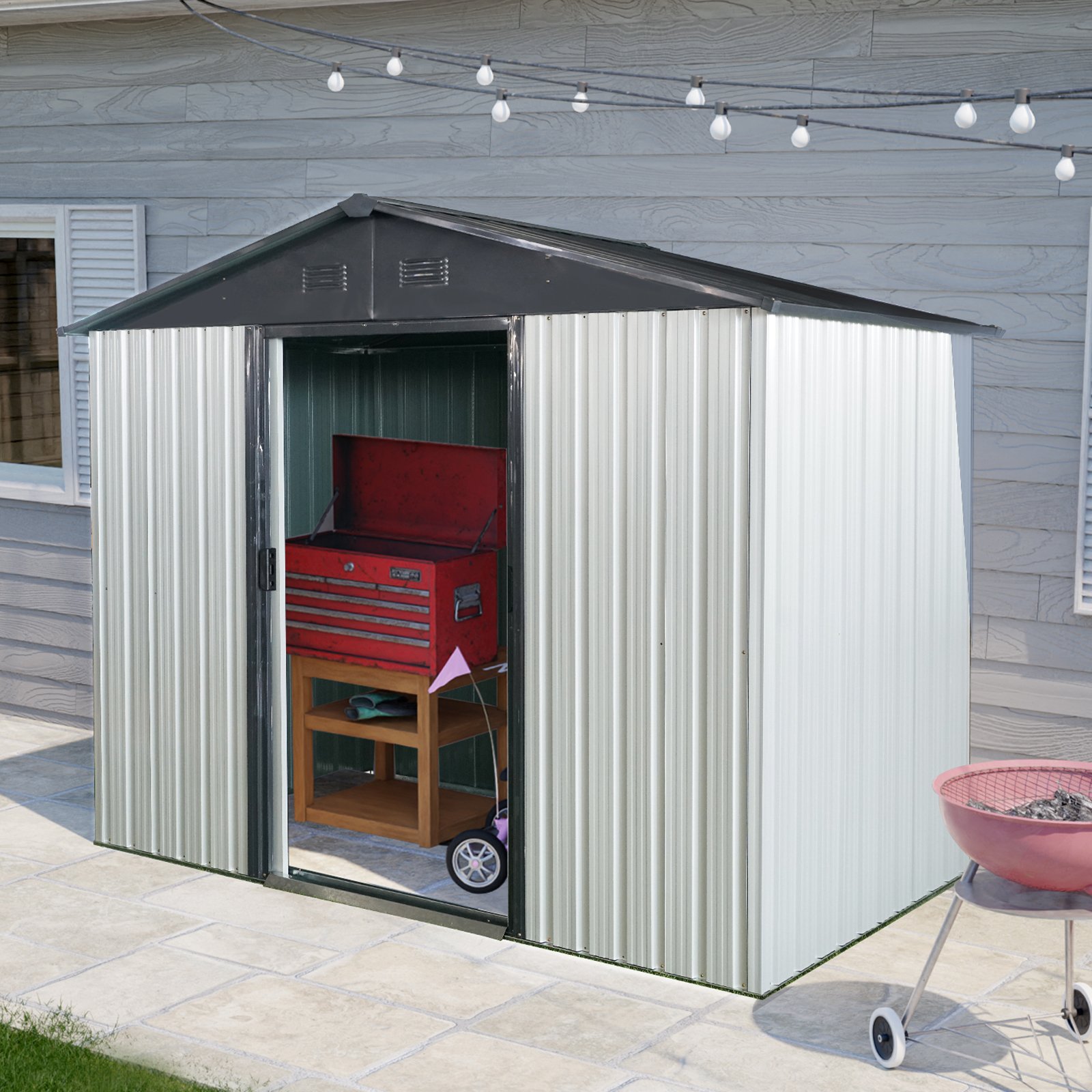 8Ft X 4Ft Outdoor Metal Storage Shed With Sliding Door And Foundation For Backyard, Patio, Lawn - White / Black - Image 5