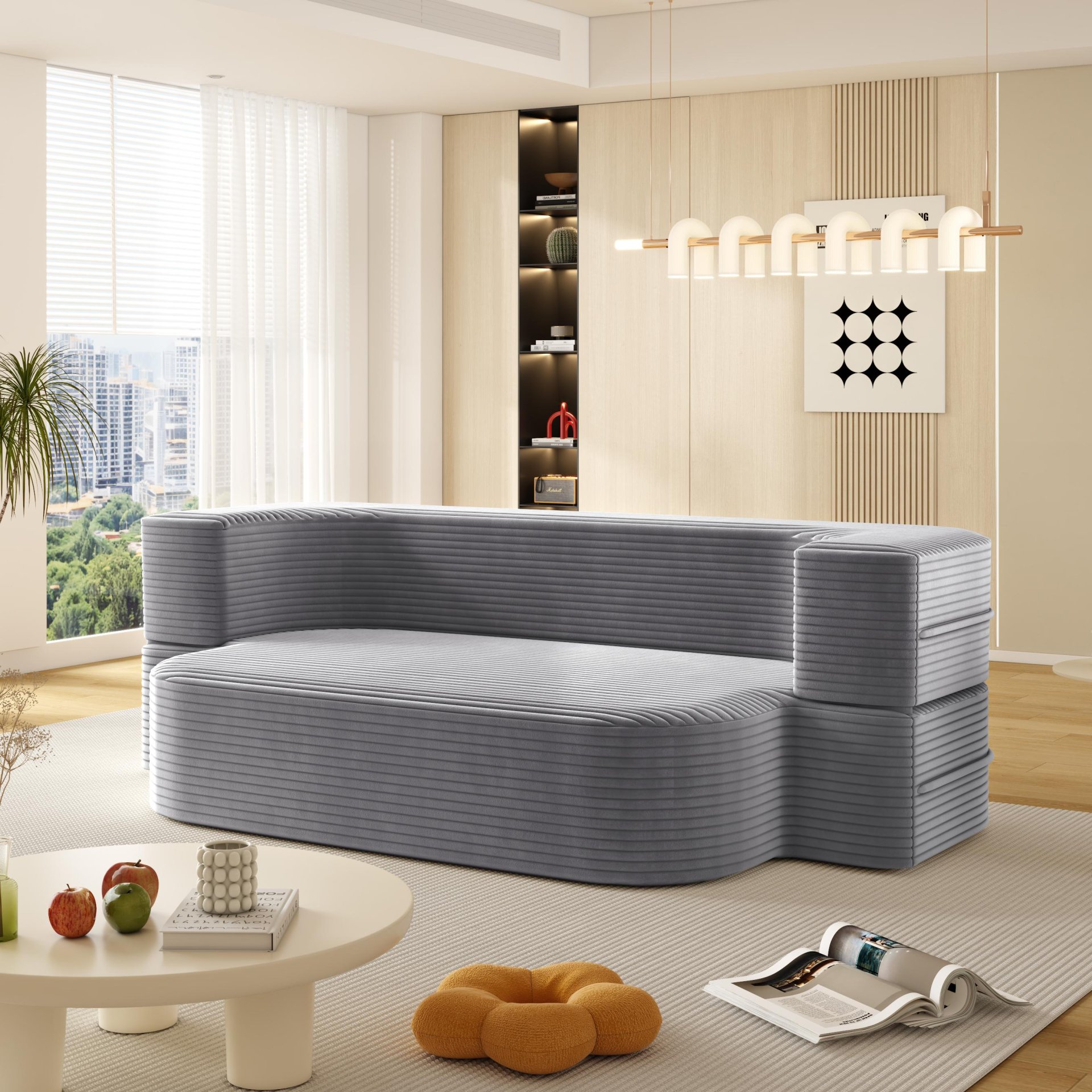 2 In 1 Foldable Sofa Plush Corduroy Sofa Convertible Floor Sofa Bed Deep Seating With Multi Functional Blanket Suitable For Living Rooms - Light Gray - Image 9