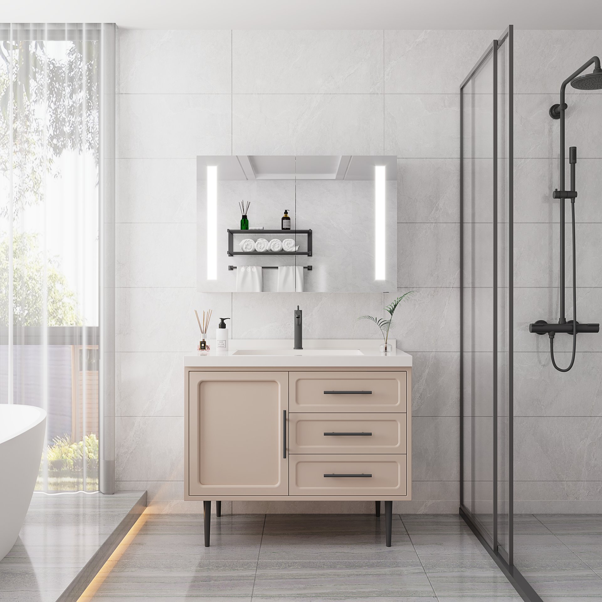 Bathroom Medicine Cabinet With Lights, LED Medicine Cabinet With Mirror, Double Door Lighted Medicine Cabinet With Defogger, Dimmer, Surface Mount - Silver - Image 2