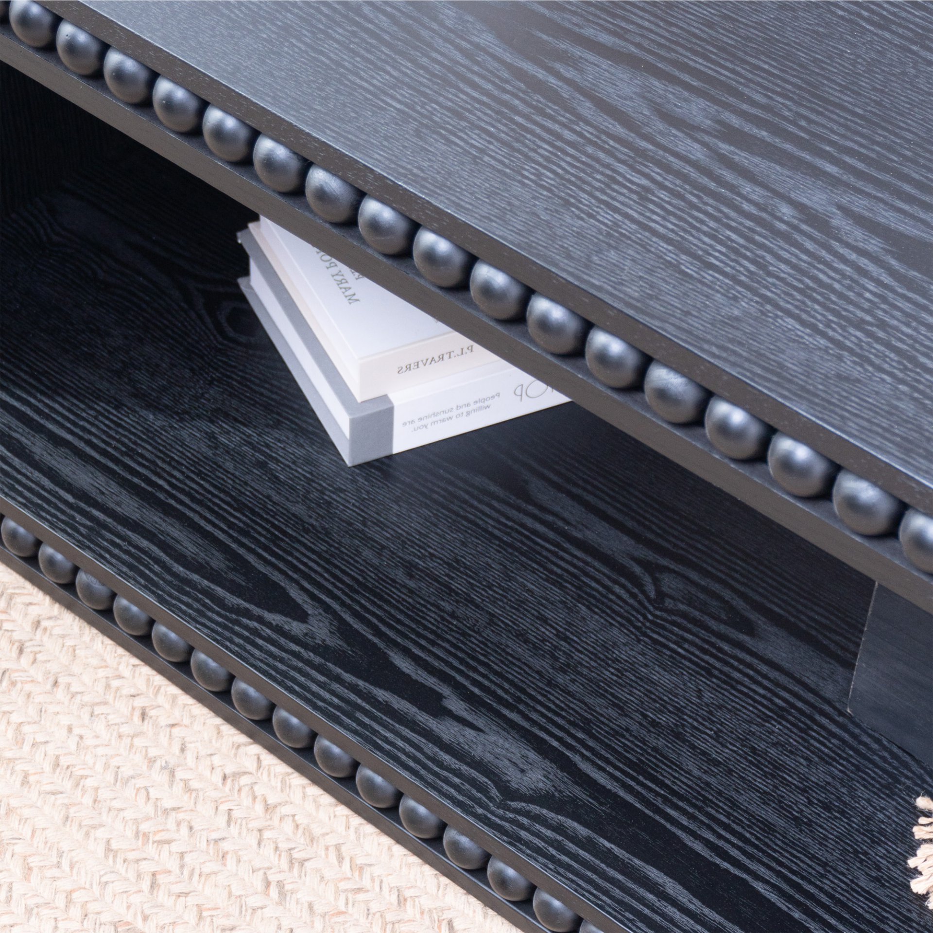 Beaded Edge Coffee Table, Rectangular Center Table With Open Storage Shelf - Black - Image 8