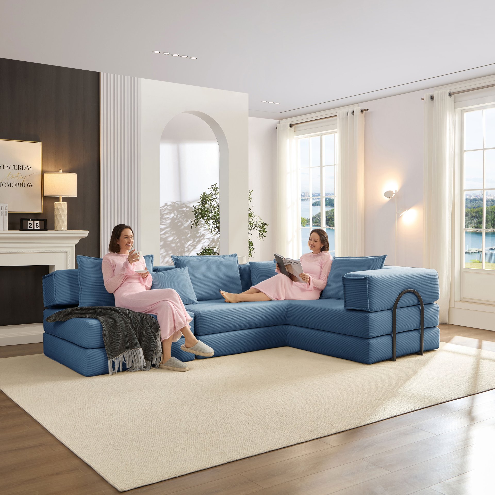 Oversized Upholstered Sectional Sofa Couch Set, Modular L Shaped Floor Sofa Set With 6 Pillows For Living Rooms - Blue - Image 13