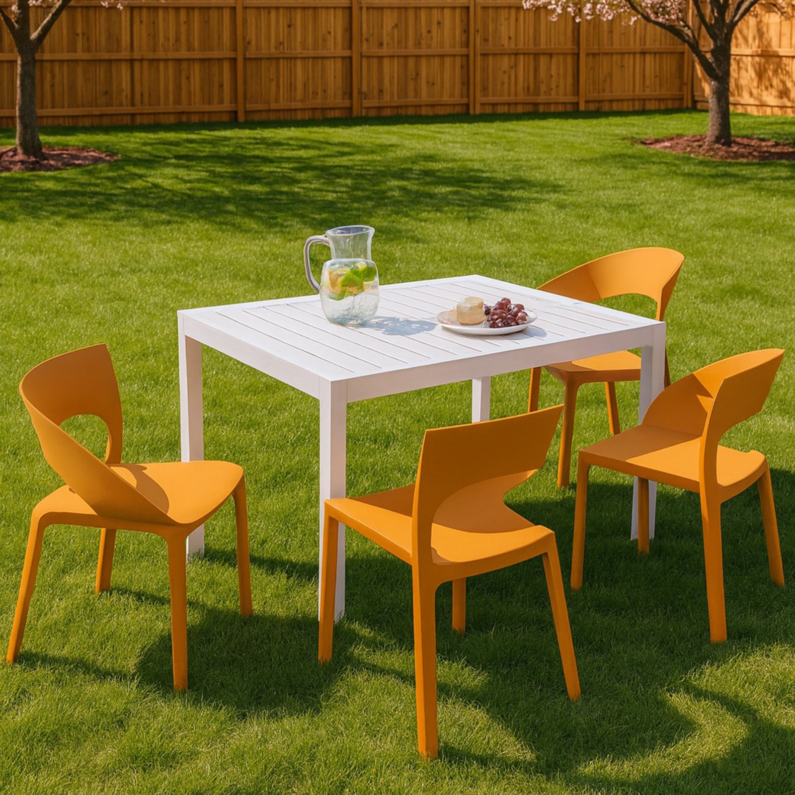 4 Piece Set Of Color Block Designed Single Chairs With Long Table - Tropical Orange / White - Image 13