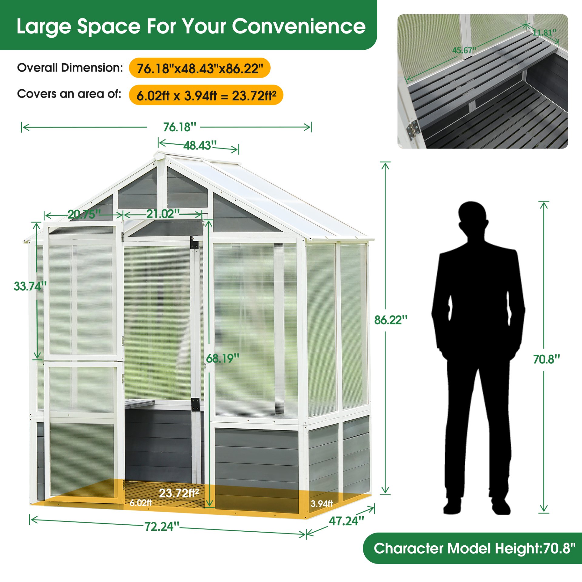 Greenhouse, Wooden Greenhouse Polycarbonate Garden Shed For Plants, Walk-In Outdoor Plant Gardening Greenhouse For Patio Backyard Lawn, Grow House With Front Entry Door - White / Gray - Image 3