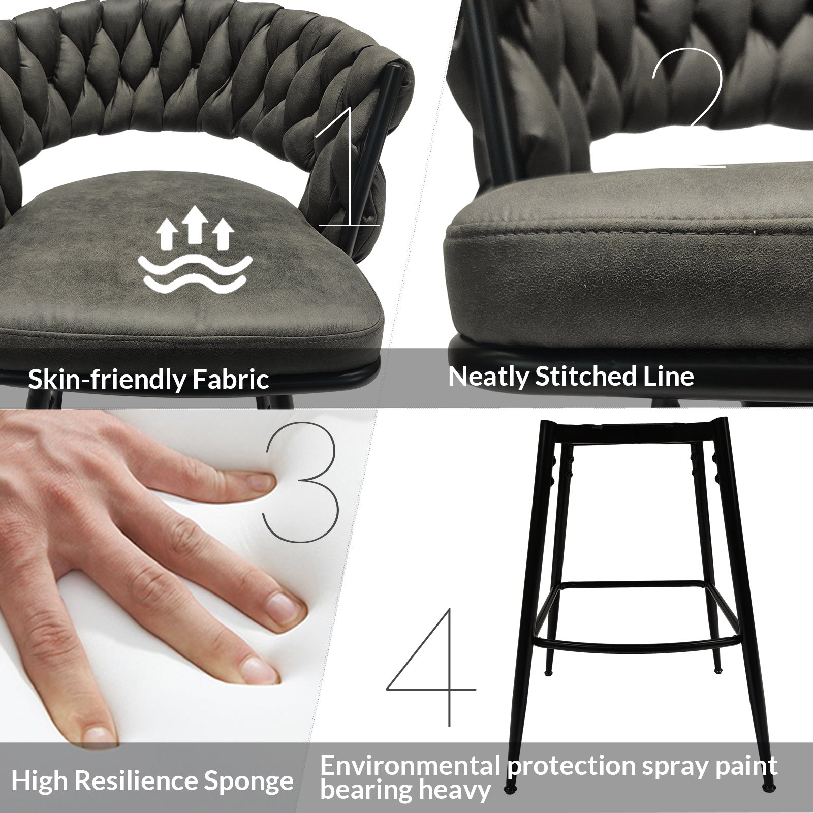 Technical Leather Woven Bar Stool (Set of 2), 360 Swivel Upholstered Chairs With Back Footrest - Brown / Tan - Image 12