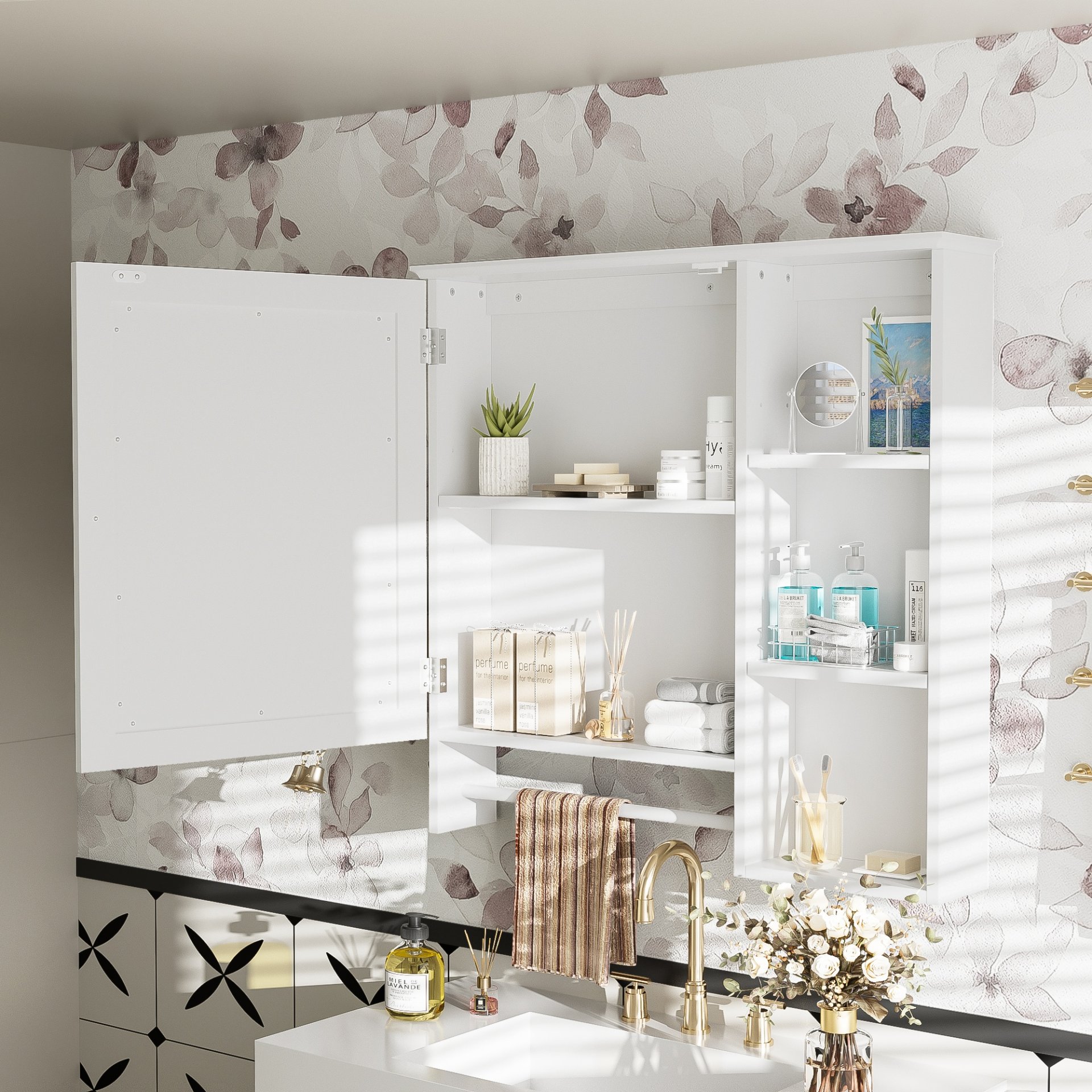 Wall Mounted Bathroom Storage Cabinet, Medicine Cabinets With Large Mirror Door, Adjustable Shelves And Three Open Storage Levels(Not Include Bathroom Vanity) - White - Image 5