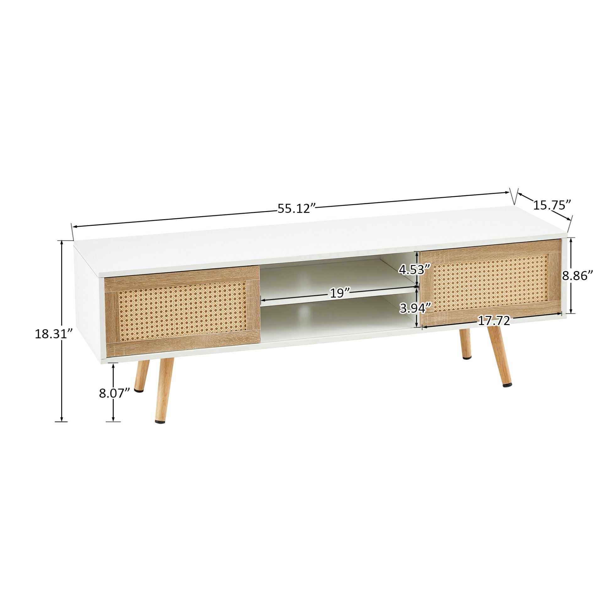 55.12" Rattan TV Cabinet, Double Sliding Doors For Storage, Adjustable Shelf, Solid Wood Legs, TV Console For Living Room - White - Image 3