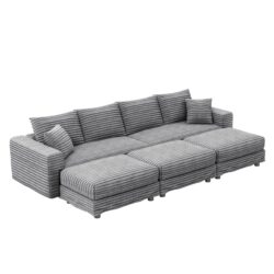 Plush Corduroy 4 Seat Sofa, Modern Comfy Upholstered Sofa Cloud Couch, Deep Seat Couches With Soft Pillows And 3 Ottomans, Convertible Sofa Lounge Chair, For Living Room, Apartment, Office - Gray