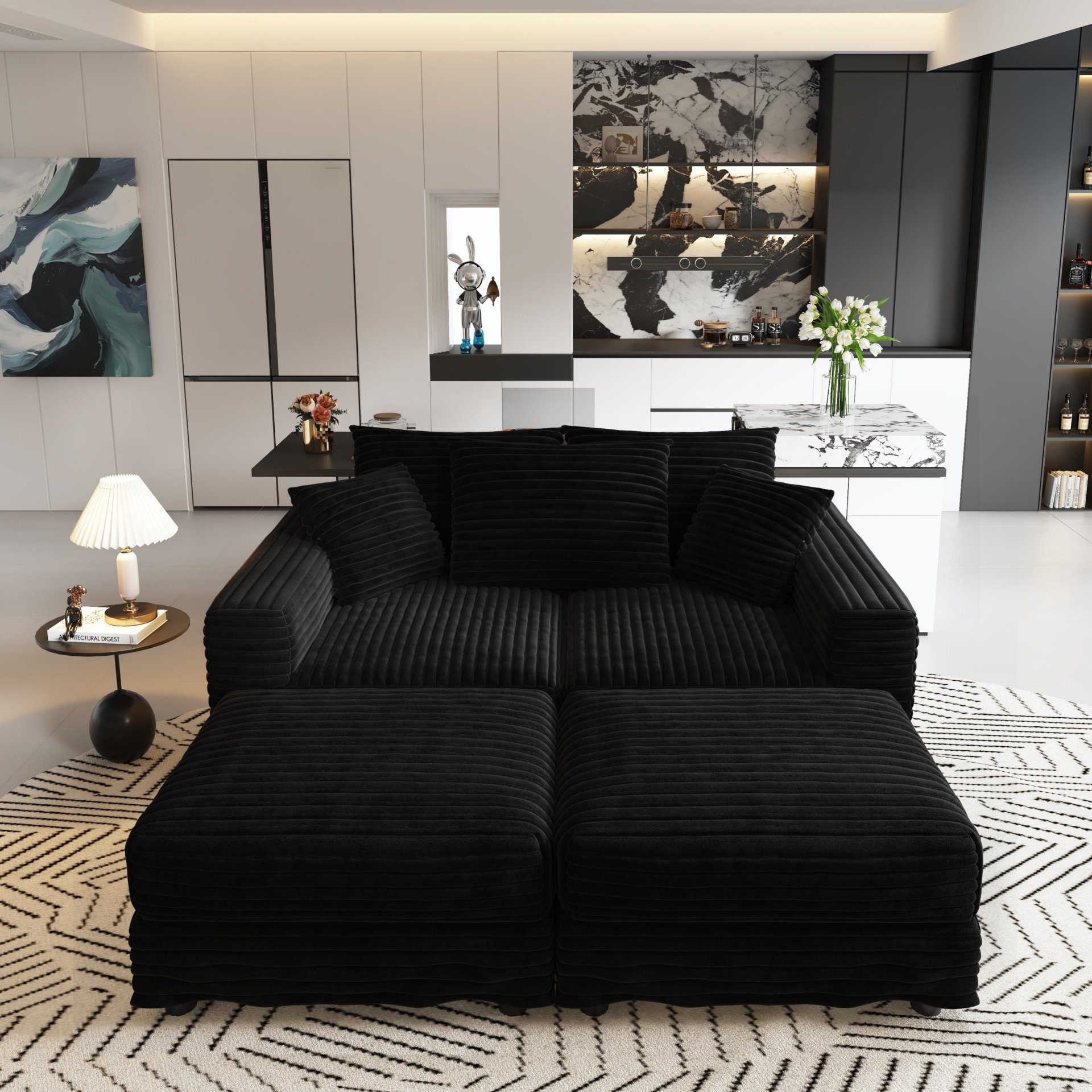 3 Seat Sofa, Deep Seat Couches With Soft Pillows And 2 Ottomans, Convertible Sofa Lounge Chair, For Living Room - Black - Image 22