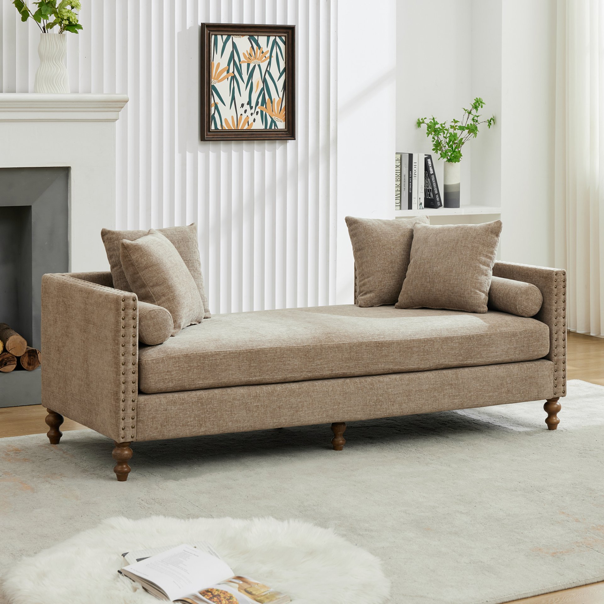 Upholstered Chaise Lounge Indoor With Nailheads, Sleeper Sofa Couch With 4 Throw Pillows & 2 Bolsters, Daybed With Rubberwood Legs - Taupe - Image 3