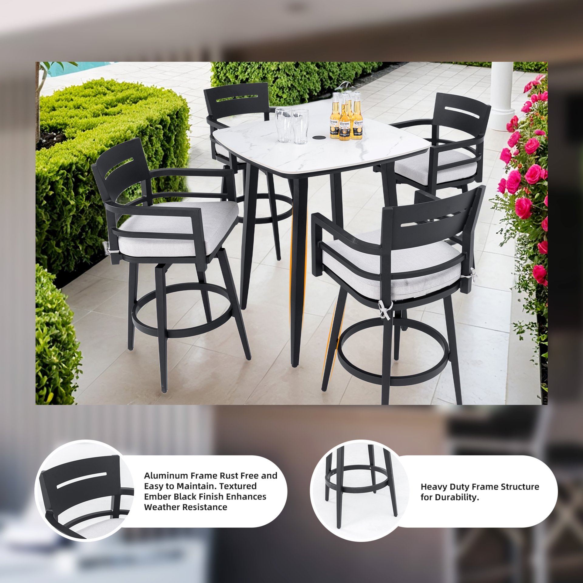 Modern Outdoor Swivel Bar Chairs, 360 Degree Rotation, Ergonomic Backrest, Armrests & Sunbrella Cushions, Weather Resistant (Set of 2) - Ember Black - Image 6