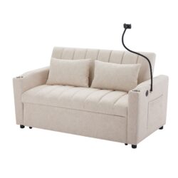 Convertible Sofa Bed Loveseat Sofa With Three USB Ports, Two Side Pockets, Two Cup Holders And 360° swivel Phone Holder For Living Room - Beige